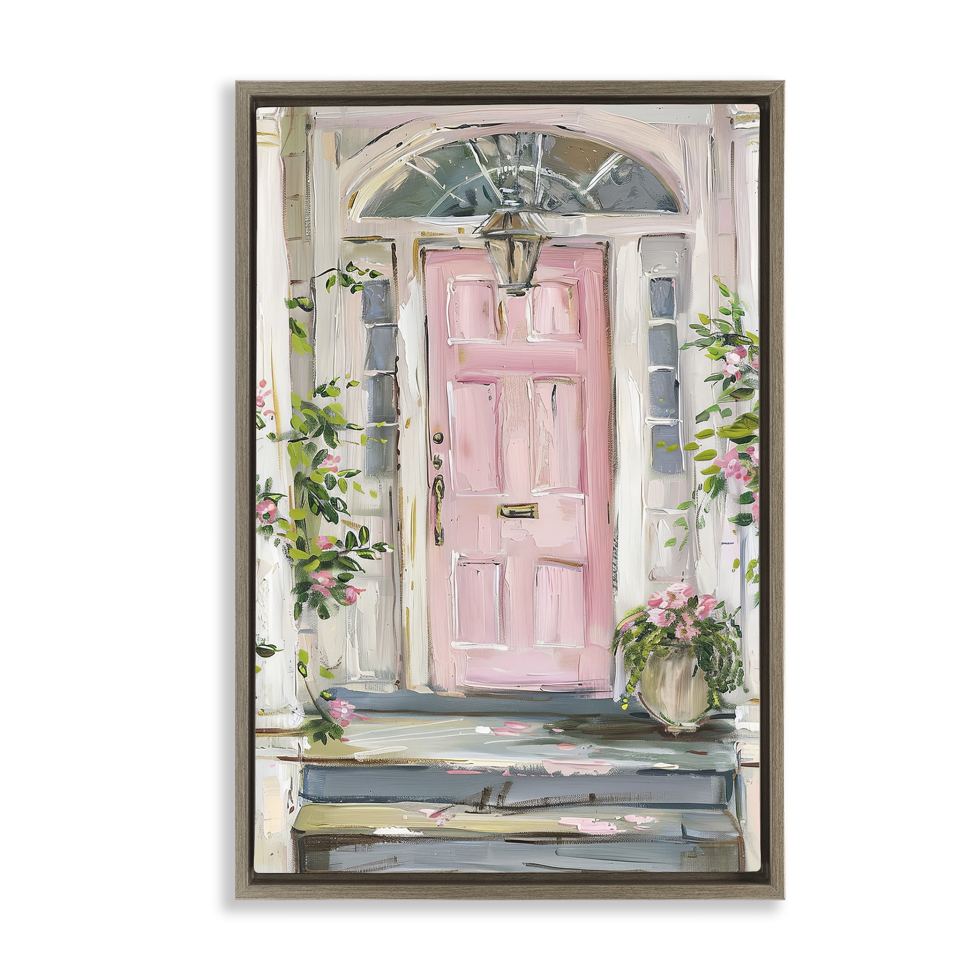 Stupell Industries Pink Door Welcome Town & City Painting Brown Floater Framed Art Print Wall Art, 17 x 25