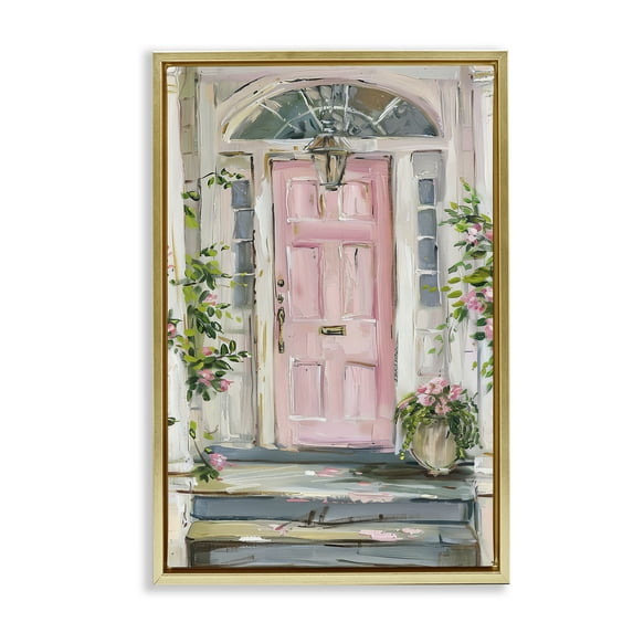 Stupell Industries Pink Door Welcome Town & City Painting Gold Floater Framed Art Print Wall Art, 17 x 25