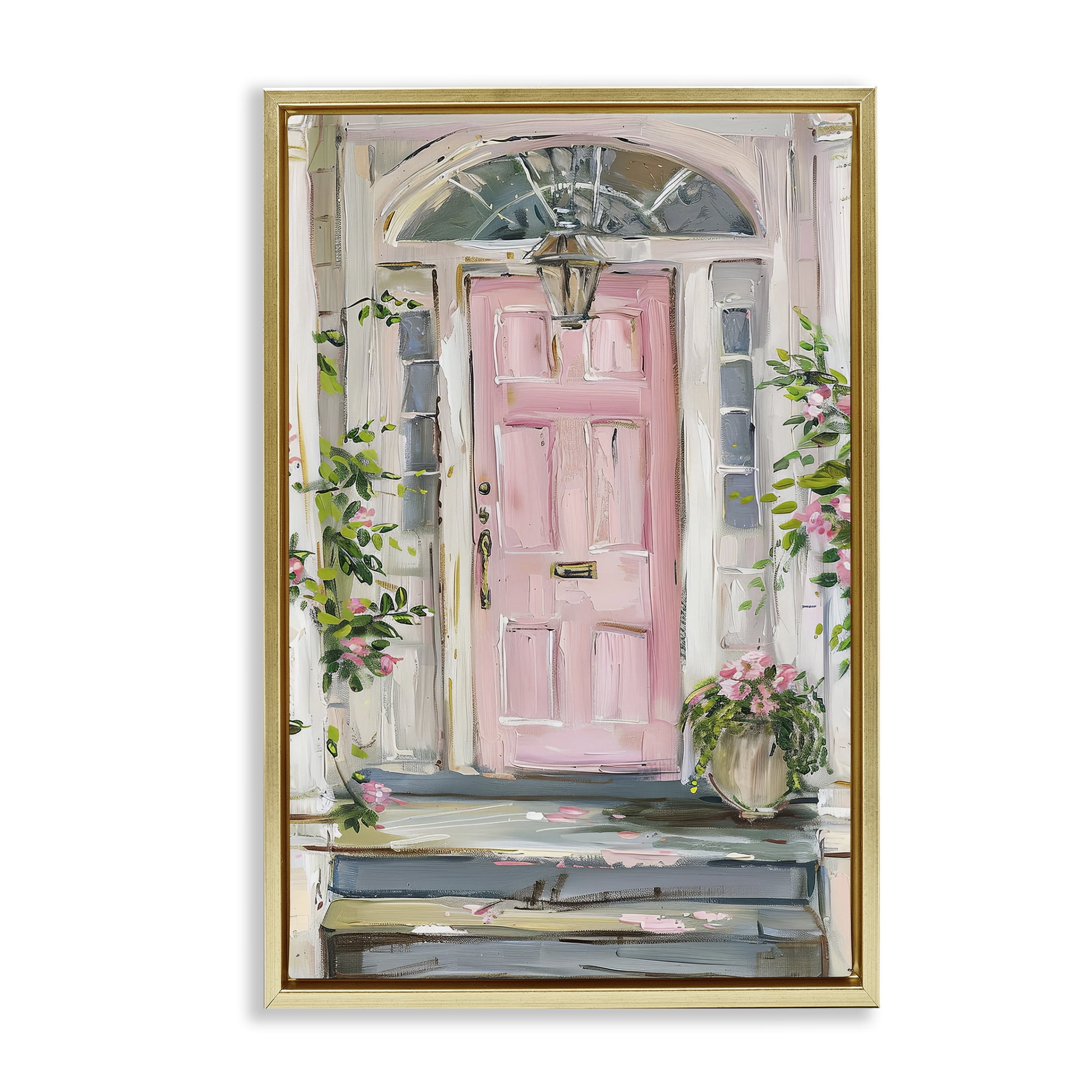 Stupell Industries Pink Door Welcome Town & City Painting Gold Floater Framed Art Print Wall Art, 21 x 31