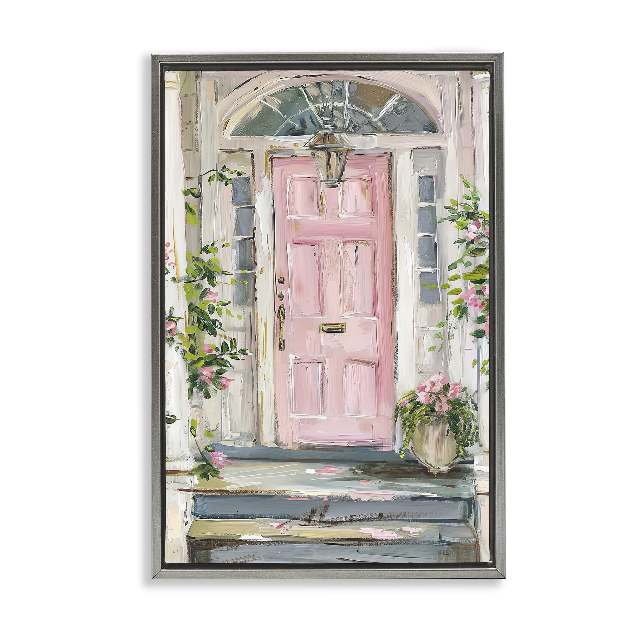 Stupell Industries Pink Door Welcome Town & City Painting Gray Floater Framed Art Print Wall Art, 17 x 25