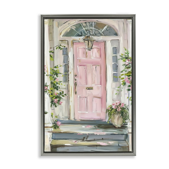 Stupell Industries Pink Door Welcome Town & City Painting Gray Floater Framed Art Print Wall Art, 21 x 31
