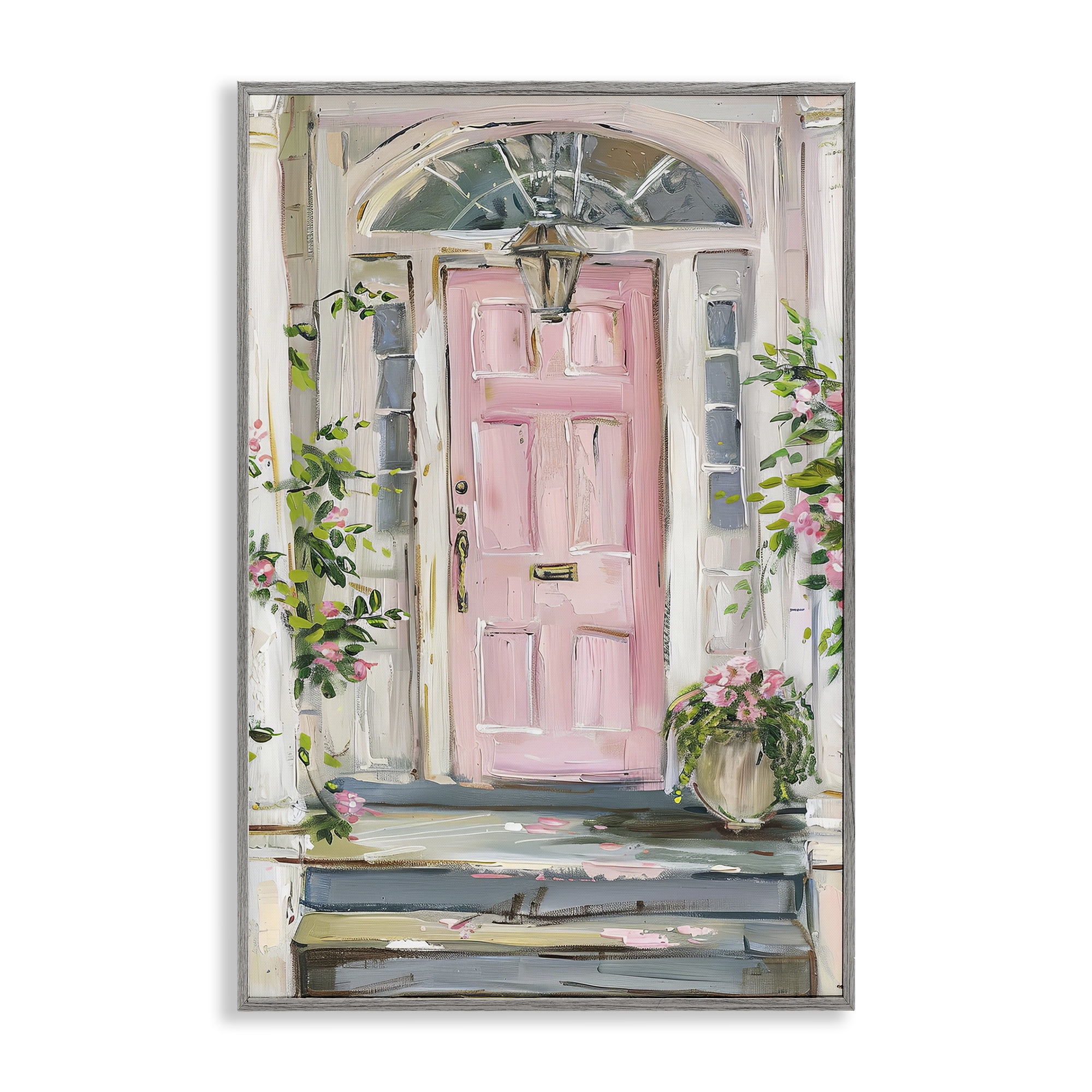 Stupell Industries Pink Door Welcome Town & City Painting Gray Framed Art Print Wall Art, 16 x 24