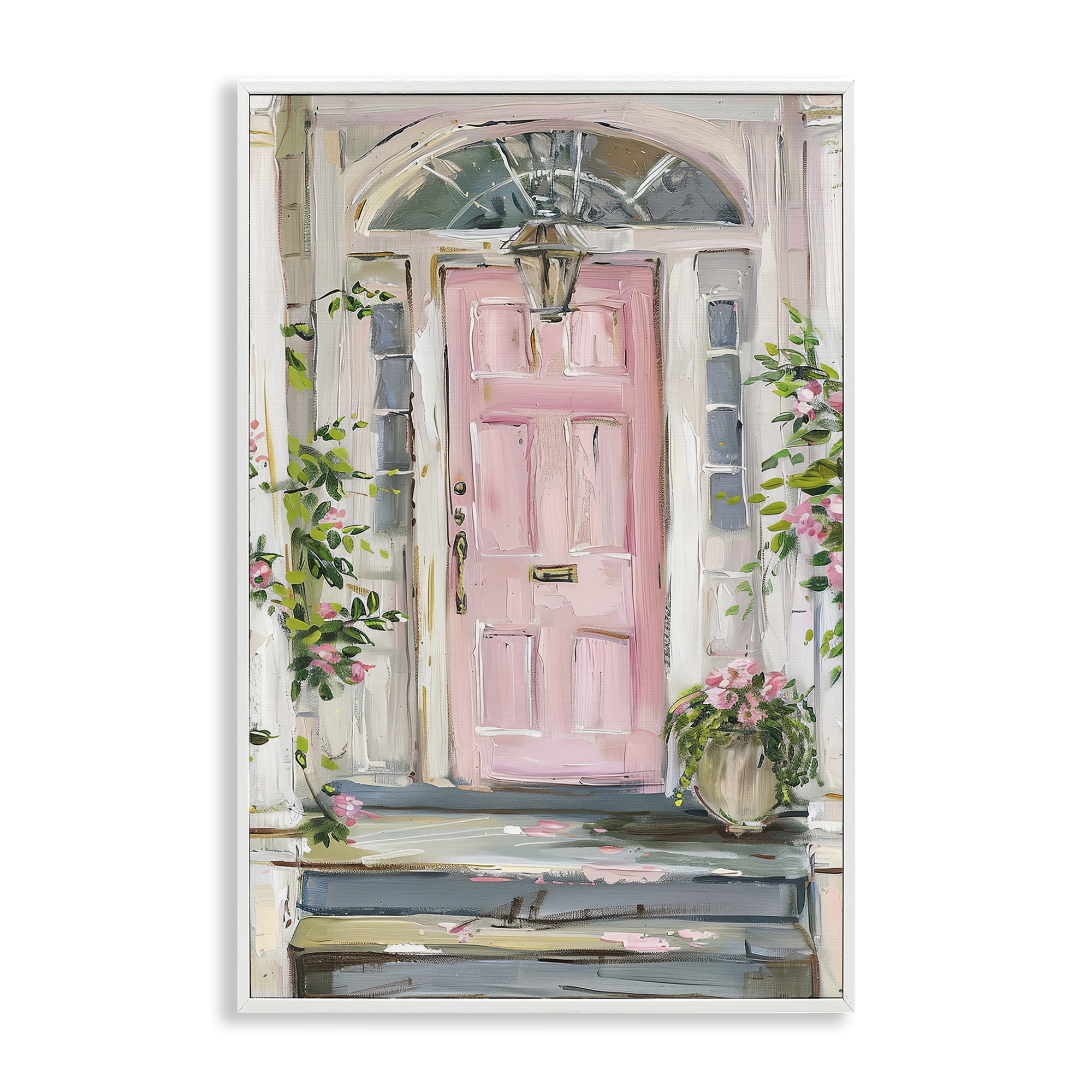 Stupell Industries Pink Door Welcome Town & City Painting White Framed Art Print Wall Art, 16 x 24