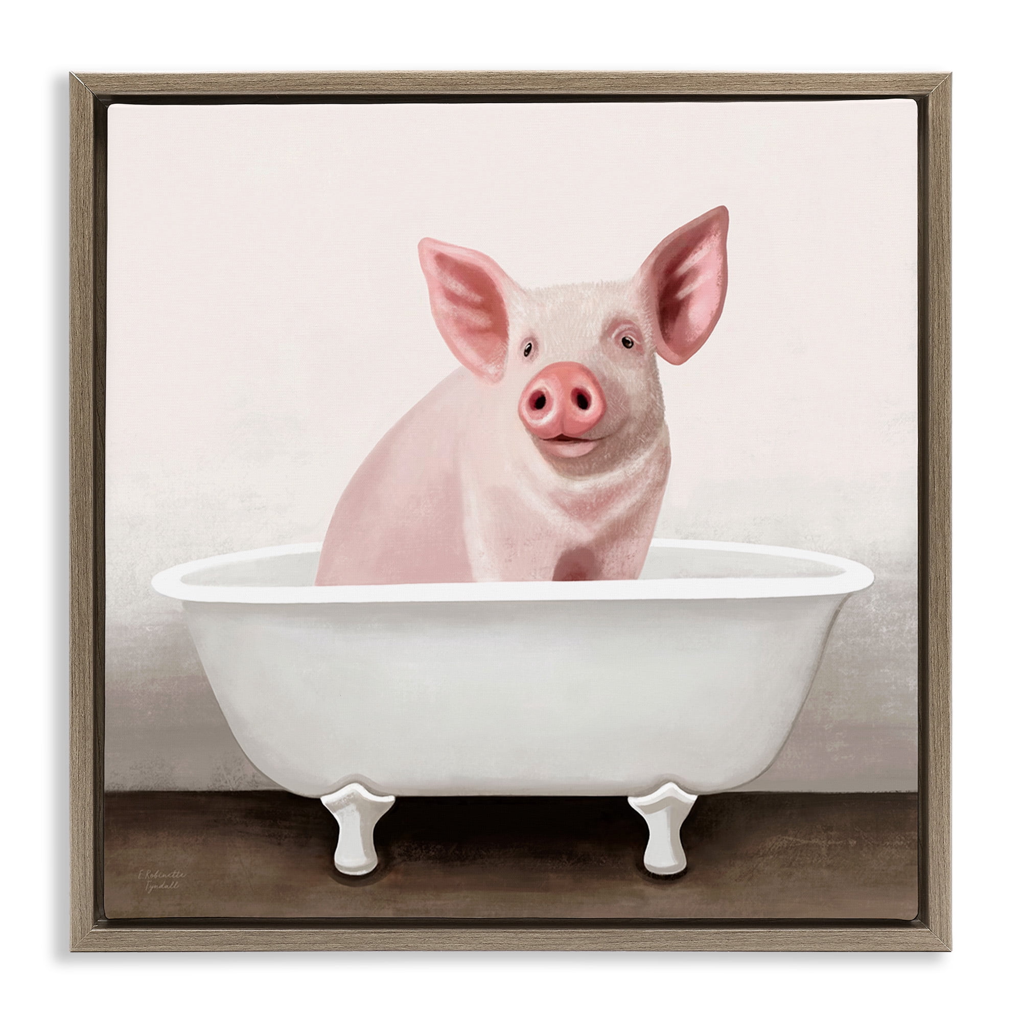 Stupell Industries Pink Farm Pig in Country Bath Tub Animals & Insects Painting Brown Floater Framed Canvas Art Print Wall Art, 18 x 18