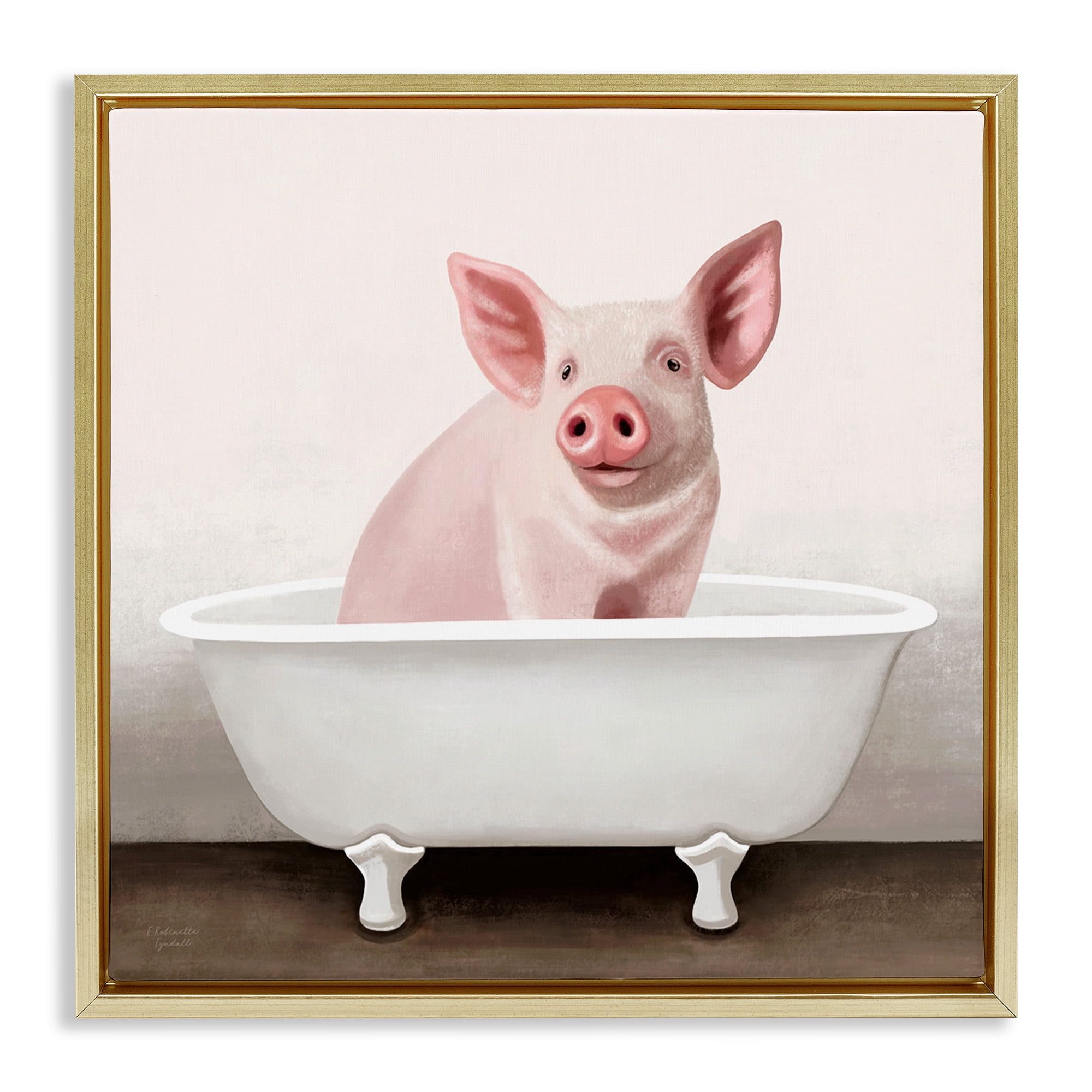 Stupell Industries Pink Farm Pig in Country Bath Tub Animals & Insects Painting Gold Floater Framed Canvas Art Print Wall Art, 18 x 18