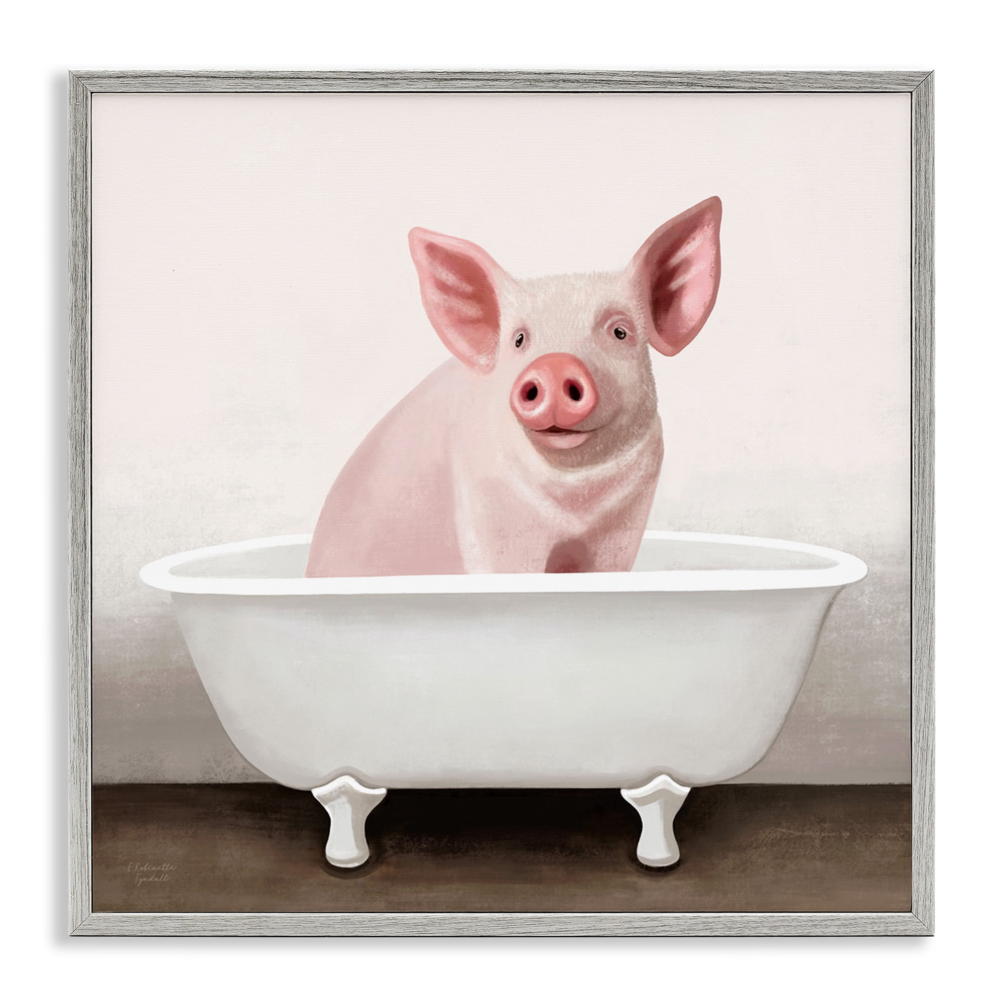 Stupell Industries Pink Farm Pig in Country Bath Tub Animals & Insects Painting Gray Framed Art Print Wall Art, 24 x 24