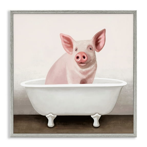 Stupell Industries Pink Farm Pig in Country Bath Tub Animals & Insects Painting Gray Framed Art Print Wall Art, 24 x 24