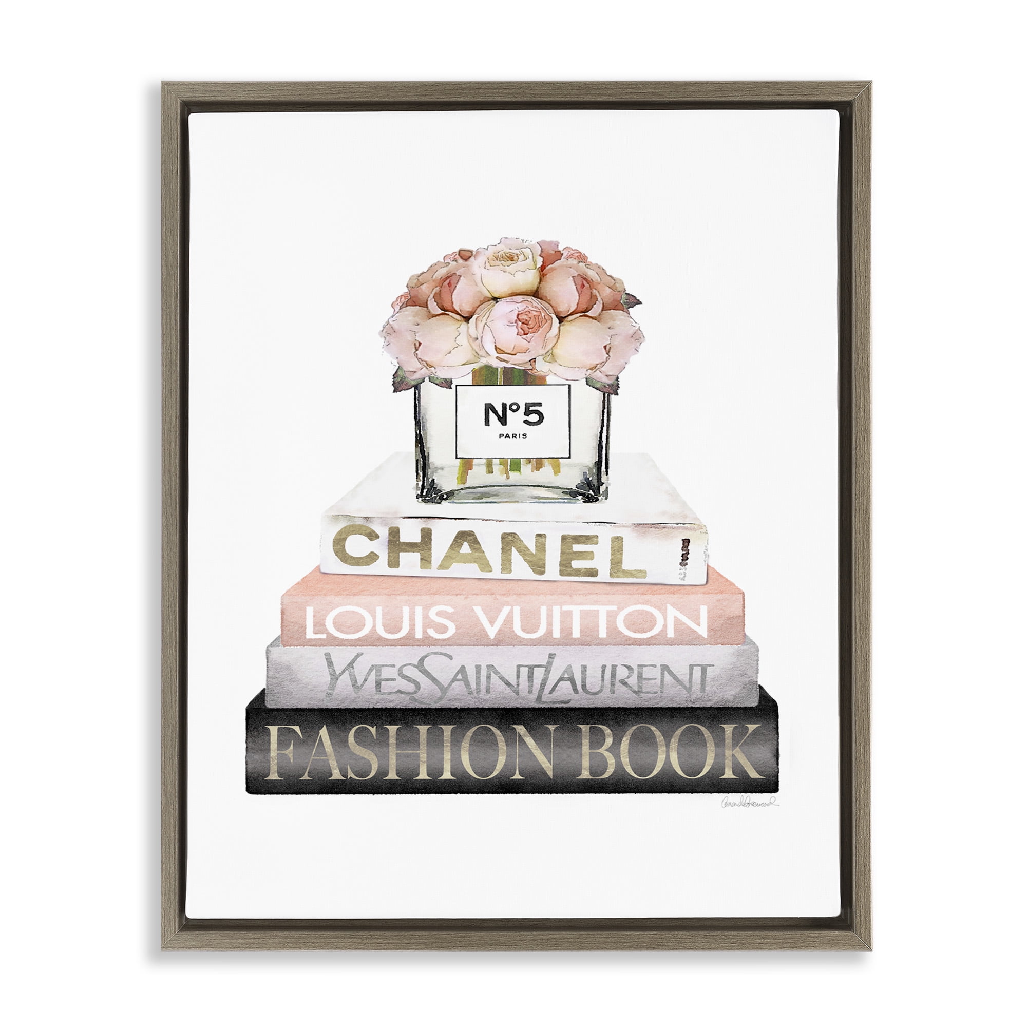 Stupell Industries Pink Fashion Book Stack Beauty & Fashion Painting Brown Floater Framed Canvas Art Print Wall Art, 25 x 31