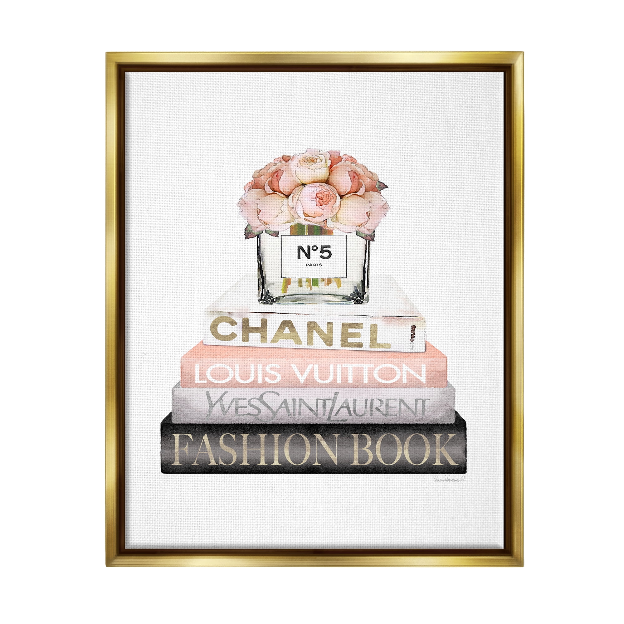 Stupell Industries Pink Fashion Book Stack Beauty & Fashion Painting Gold Floater Framed Art Print Wall Art, 25 x 31