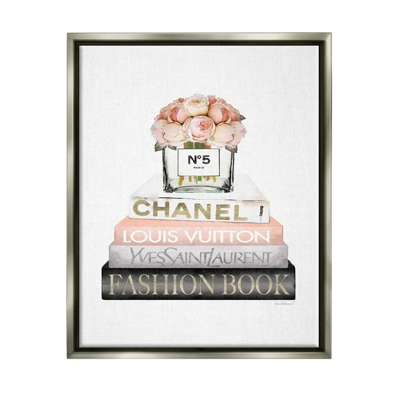 Stupell Industries Pink Fashion Book Stack Beauty & Fashion Painting Gray Floater Framed Art Print Wall Art, 17 x 21