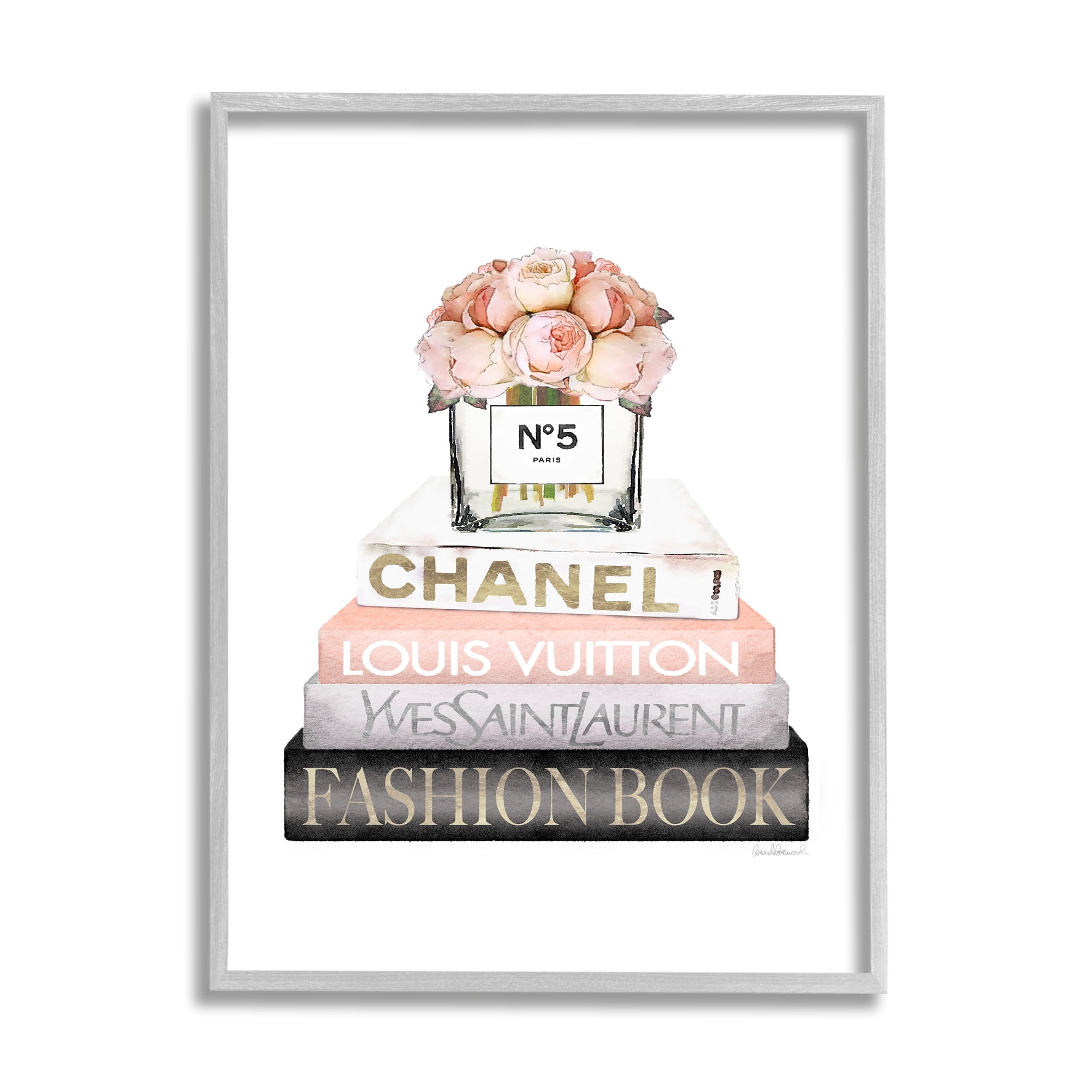 Stupell Industries Pink Fashion Book Stack Beauty & Fashion Painting Gray Framed Art Print Wall Art, 16 x 20