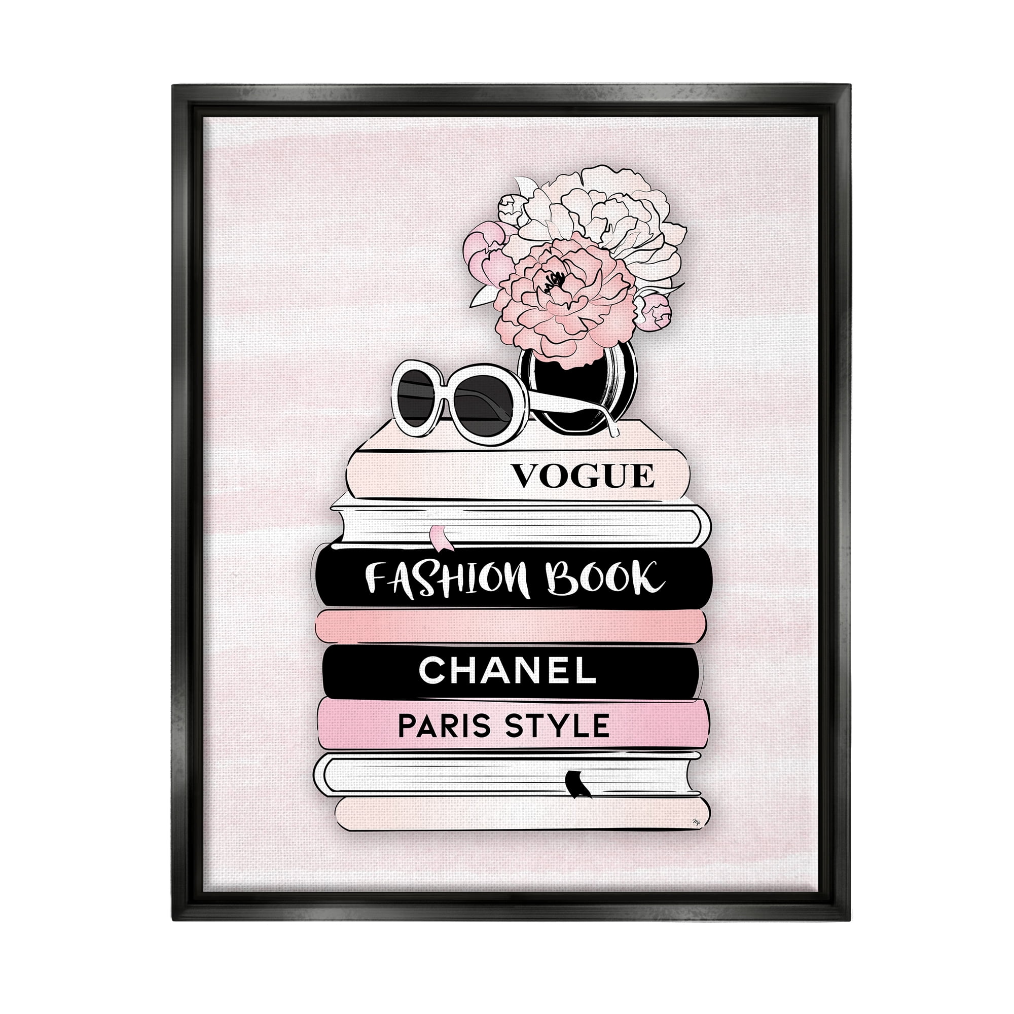 Stupell Industries Pink Fashion Bookstack Beauty & Fashion Painting Black Floater Framed Canvas Art Print Wall Art, 25 x 31