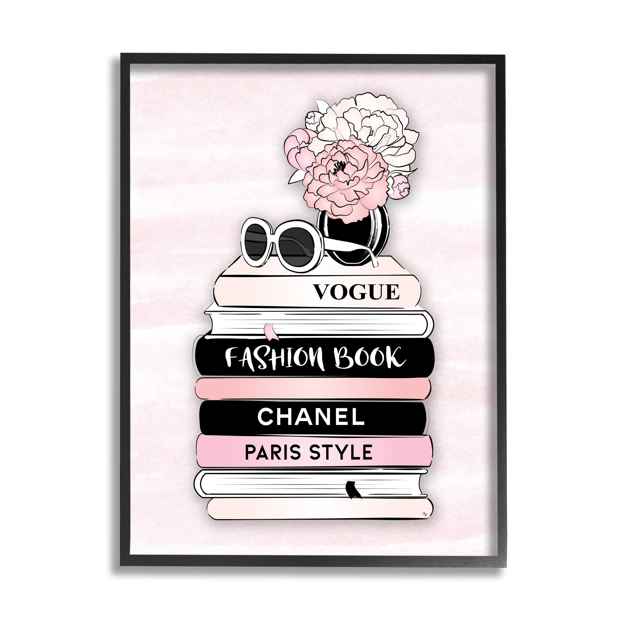 Stupell Industries Pink Fashion Bookstack Beauty & Fashion Painting Black Framed Art Print Wall Art, 16 x 20