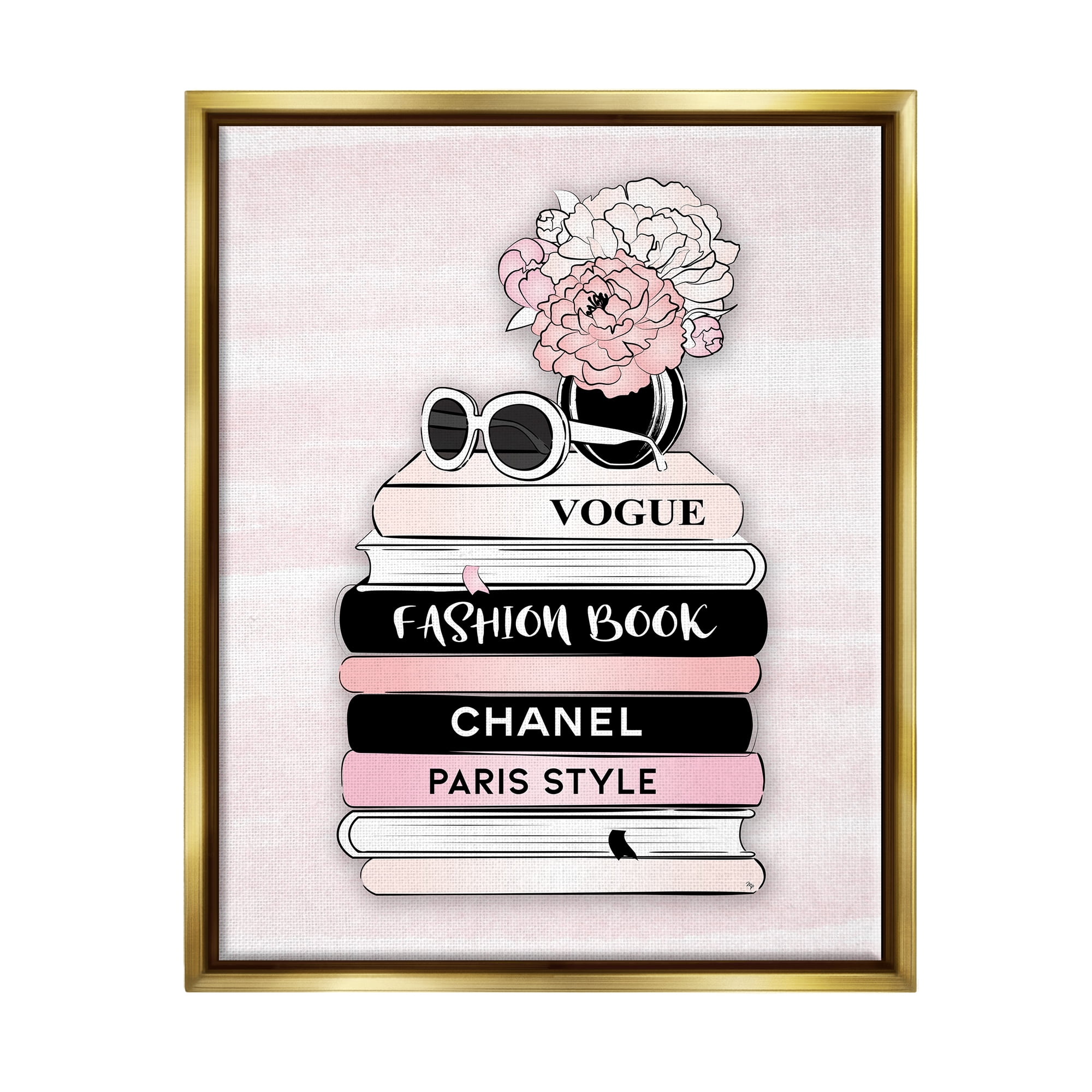 Stupell Industries Pink Fashion Bookstack Beauty & Fashion Painting Gold Floater Framed Canvas Art Print Wall Art, 17 x 21