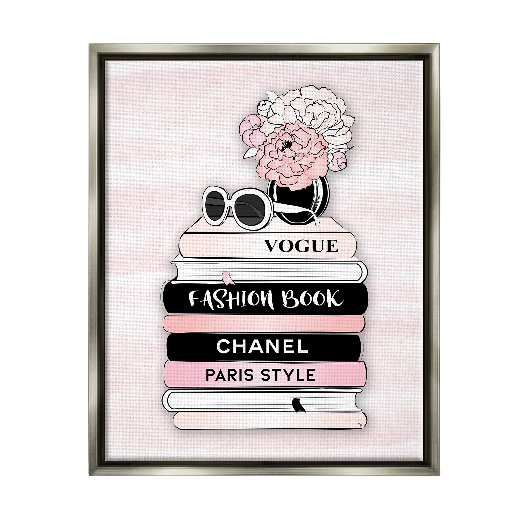 Stupell Industries Pink Fashion Bookstack Beauty & Fashion Painting Gray Floater Framed Canvas Art Print Wall Art, 17 x 21