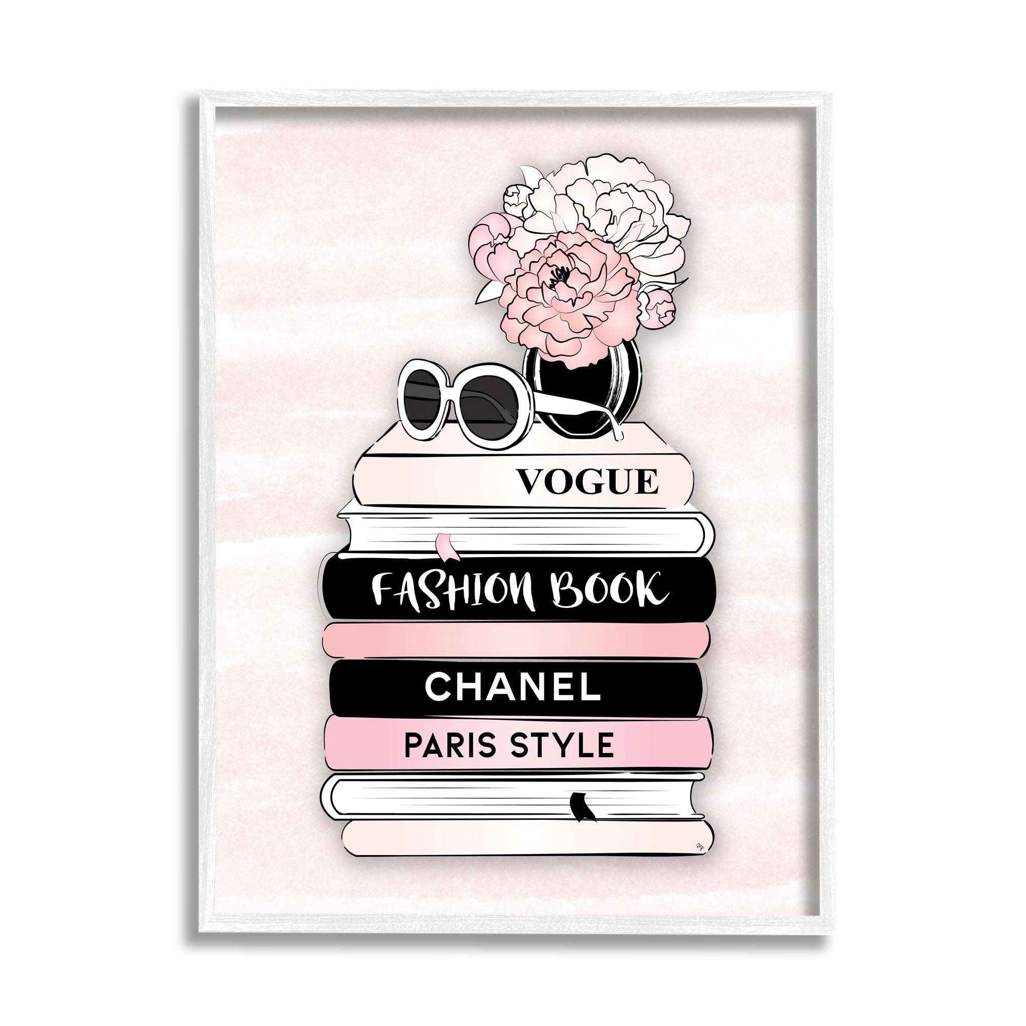 Stupell Industries Pink Fashion Bookstack Beauty & Fashion Painting White Framed Art Print Wall Art, 16 x 20
