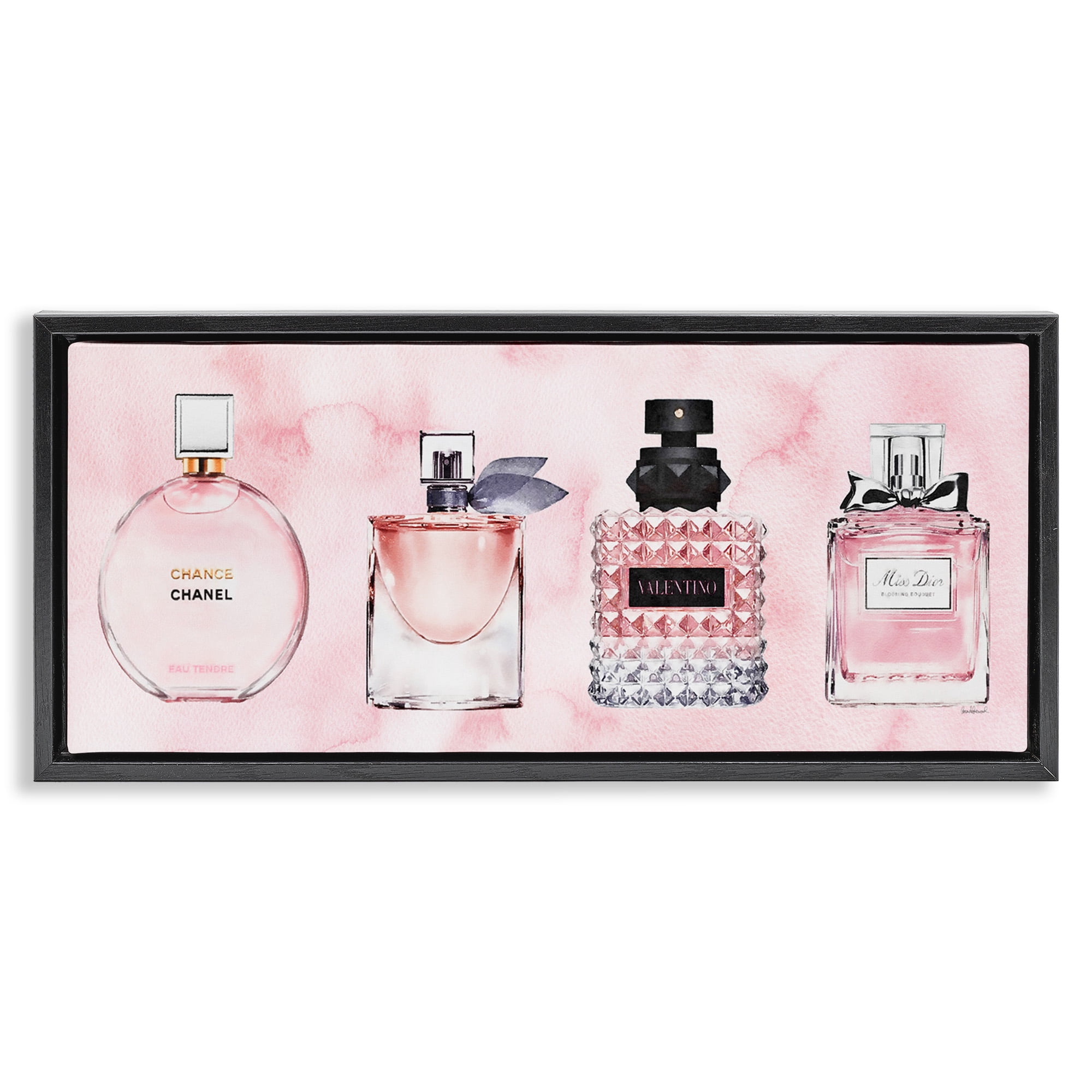 Stupell Industries Pink Fashion Fragrance Bottles Beauty & Fashion Painting Black Floater Framed Canvas Art Print Wall Art, 31 x 14