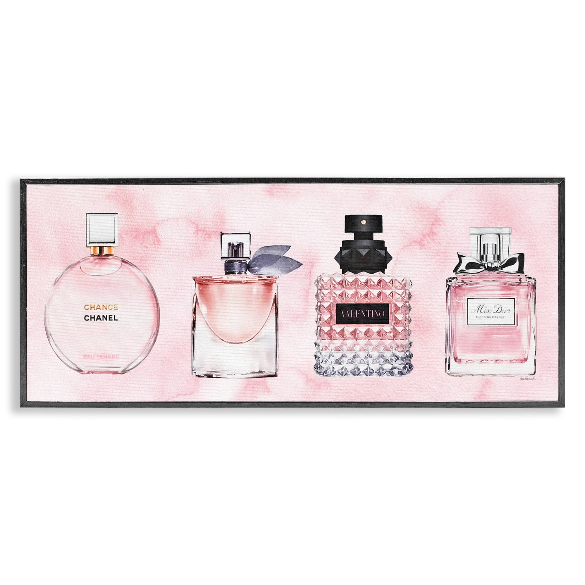 Stupell Industries Pink Fashion Fragrance Bottles Beauty & Fashion Painting Black Framed Art Print Wall Art, 30 x 13