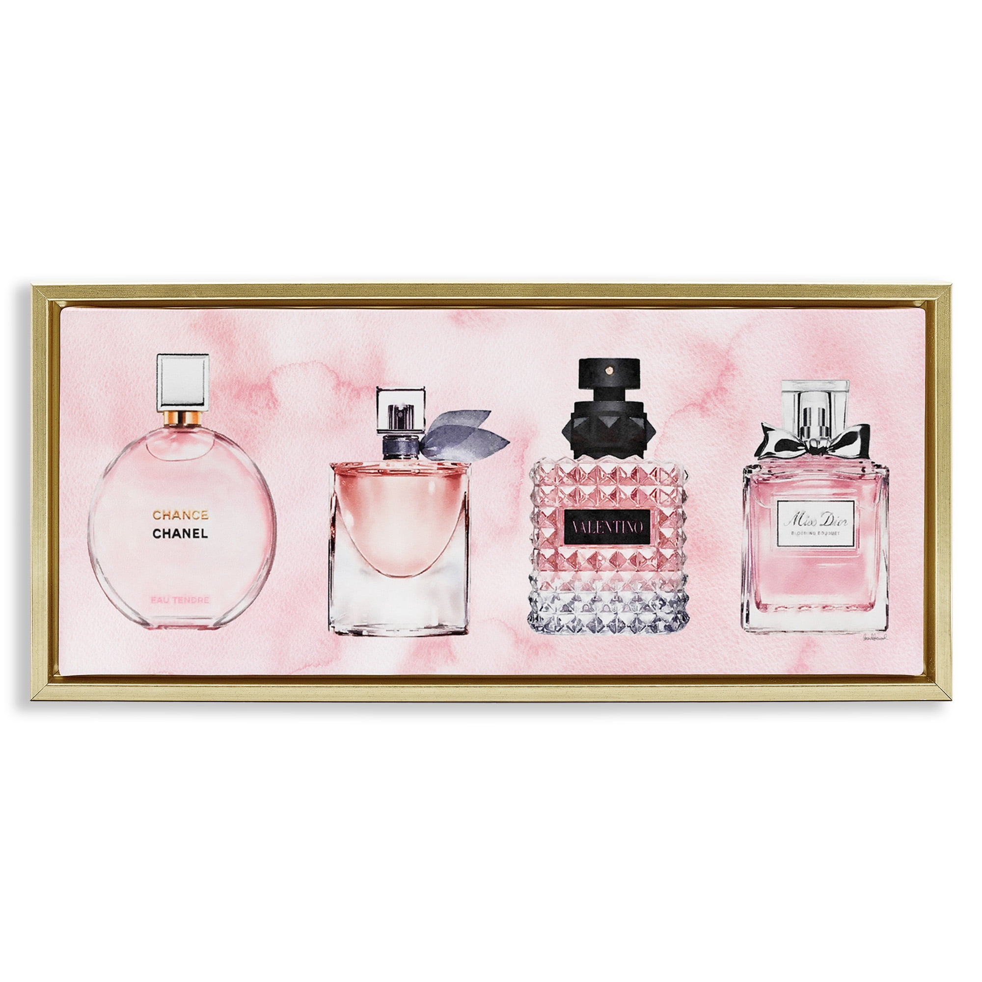 Stupell Industries Pink Fashion Fragrance Bottles Beauty & Fashion Painting Gold Floater Framed Canvas Art Print Wall Art, 25 x 11