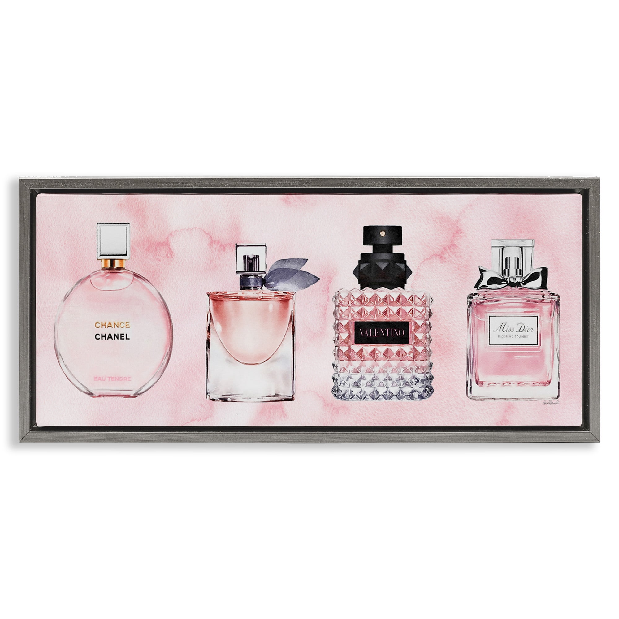Stupell Industries Pink Fashion Fragrance Bottles Beauty & Fashion Painting Gray Floater Framed Canvas Art Print Wall Art, 31 x 14