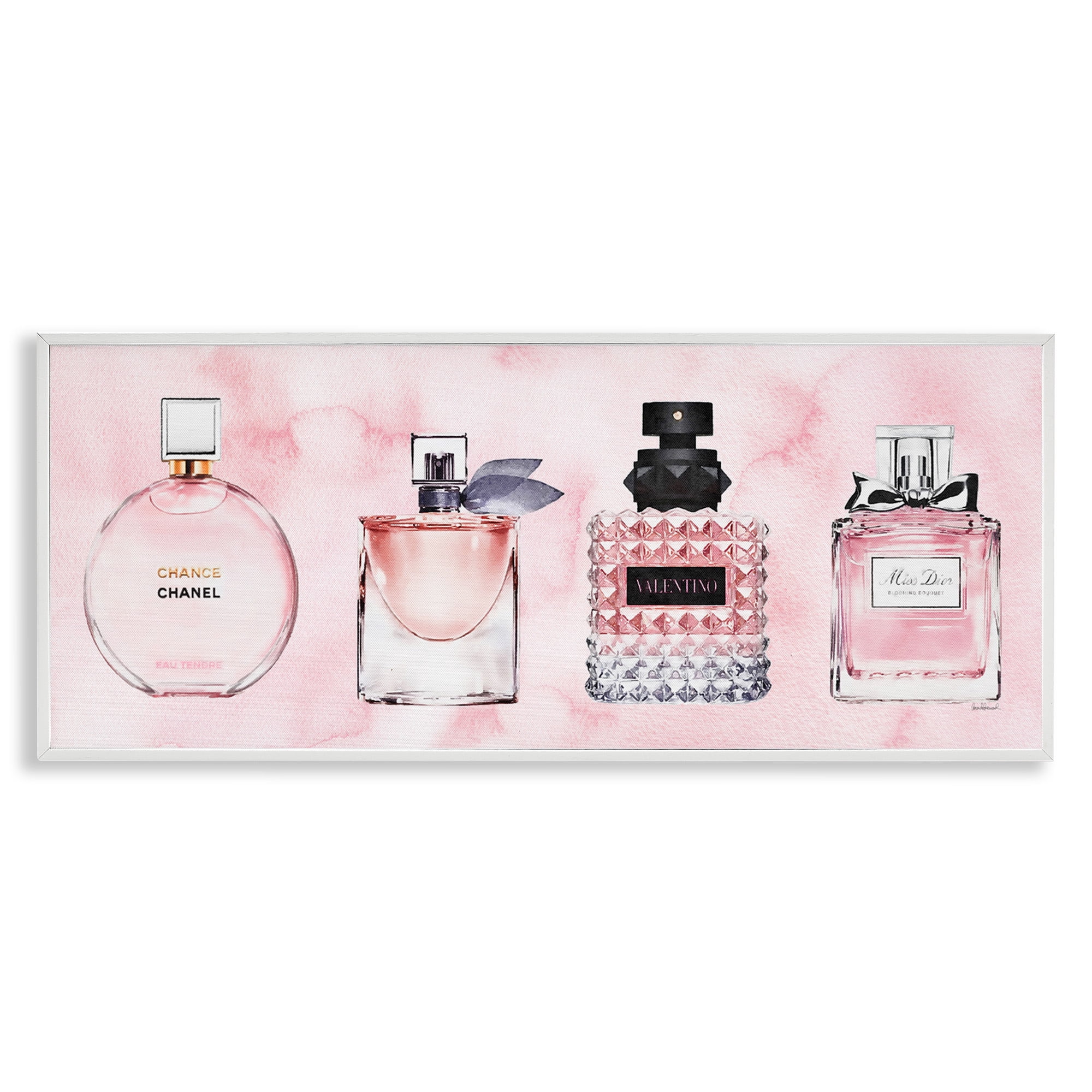 Stupell Industries Pink Fashion Fragrance Bottles Beauty & Fashion Painting White Framed Art Print Wall Art, 30 x 13