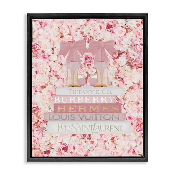 Stupell Industries Pink Fashion Heals with Glam Books and Rose Details Jet Black Framed Floating Canvas Wall Art, 16x20, by Amanda Greenwood