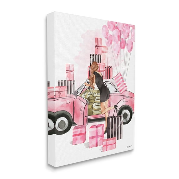 Stupell Industries Pink Fashionista Glam Car Stylish Gift Boxes Beauty & Fashion Painting Gallery Wrapped Canvas Art Print Wall Art, 16 x 20