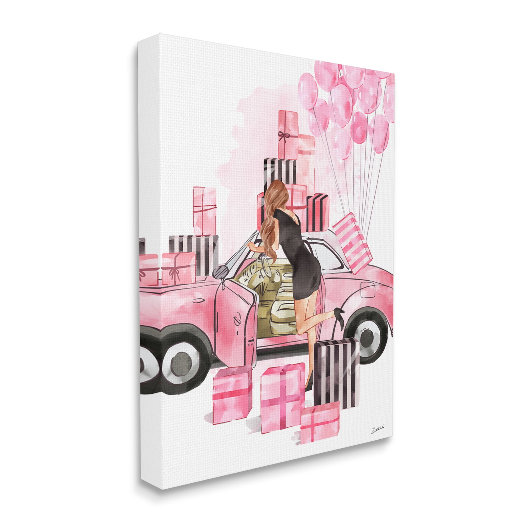 Stupell Industries Pink Fashionista Glam Car Stylish Gift Boxes Beauty & Fashion Painting Gallery Wrapped Canvas Art Print Wall Art, 30 x 40
