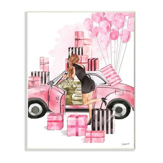 Stupell Industries Pink Fashionista Glam Car Stylish Gift Boxes Beauty & Fashion Painting Wall Plaque Art Print Wall Art, 13 x 19