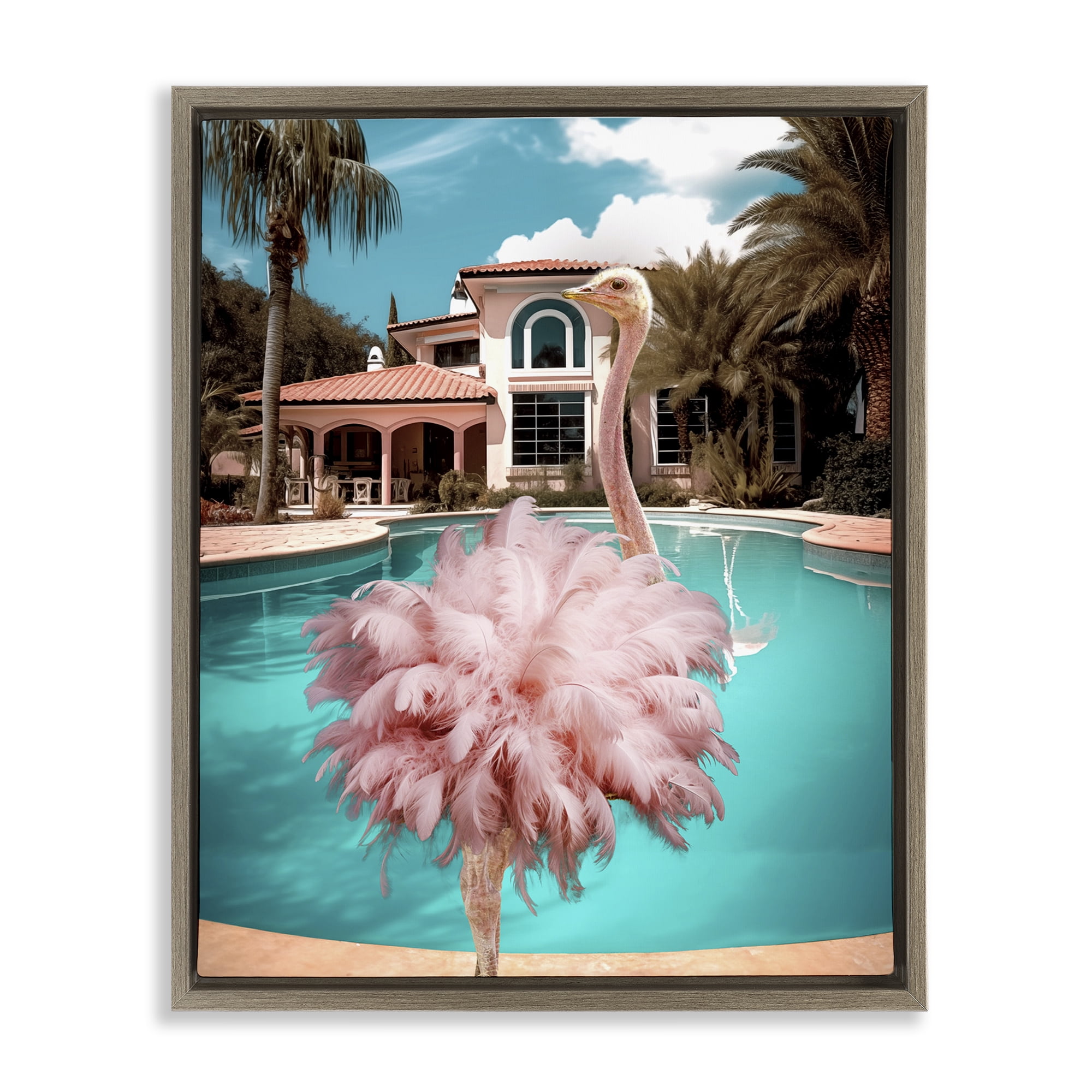 Stupell Industries Pink Feathered Ostrich Animals & Insects Painting Brown Floater Framed Canvas Art Print Wall Art, 17 x 21