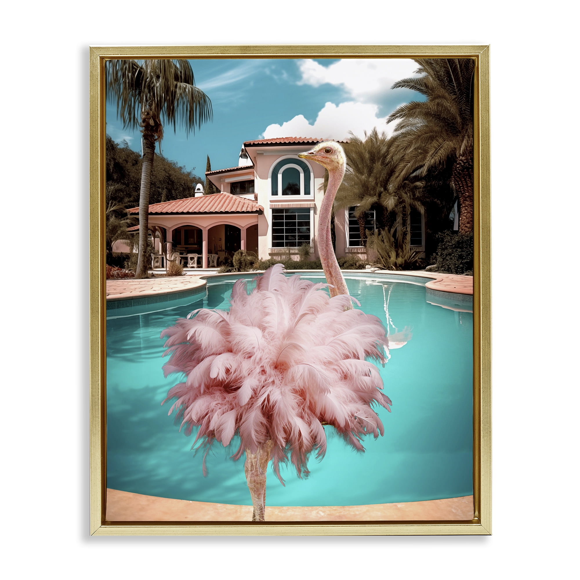 Stupell Industries Pink Feathered Ostrich Animals & Insects Painting Gold Floater Framed Canvas Art Print Wall Art, 25 x 31