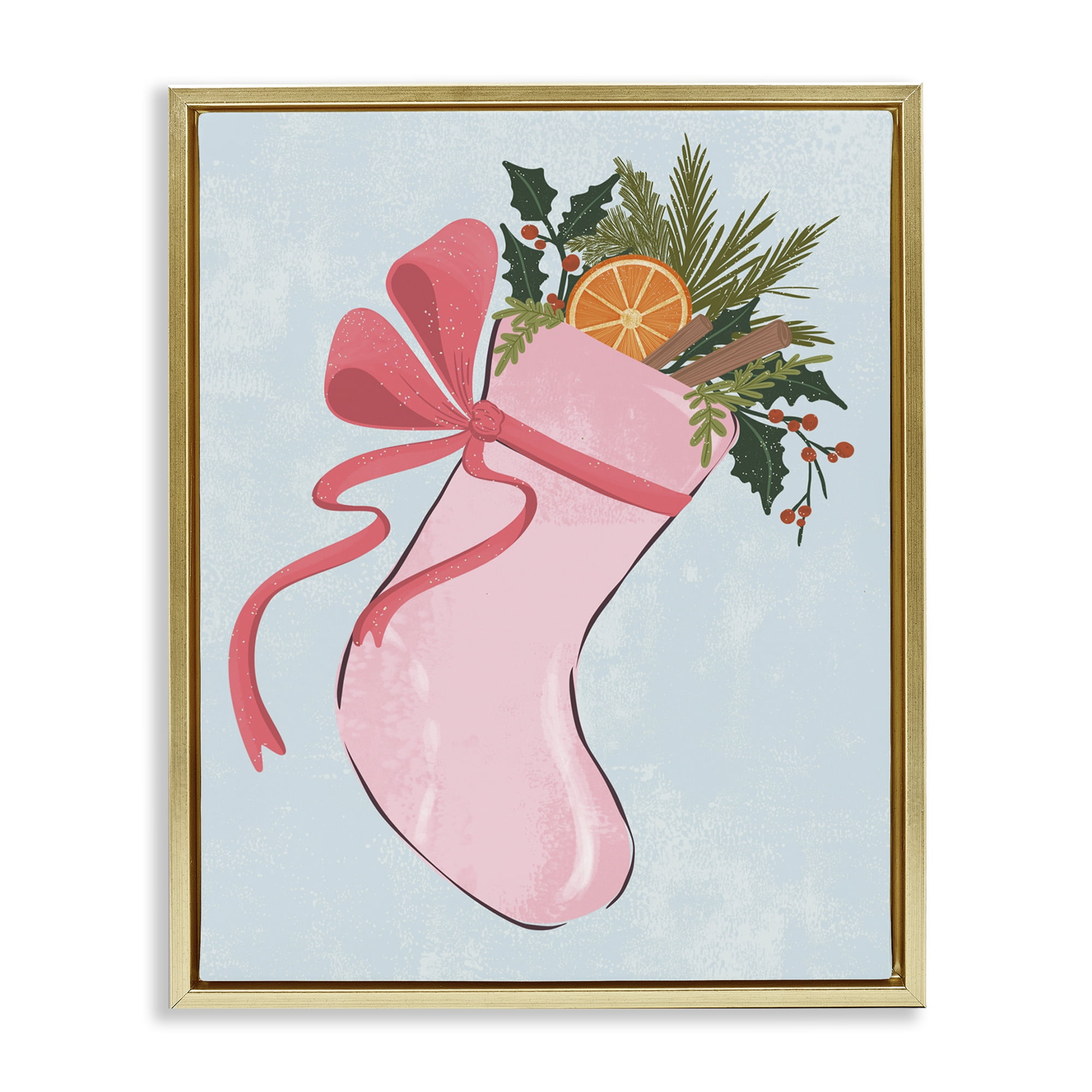 Stupell Industries Pink Filled Holiday Stocking Holiday Painting Gold Floater Framed Canvas Art Prints Wall Art, 17 x 21