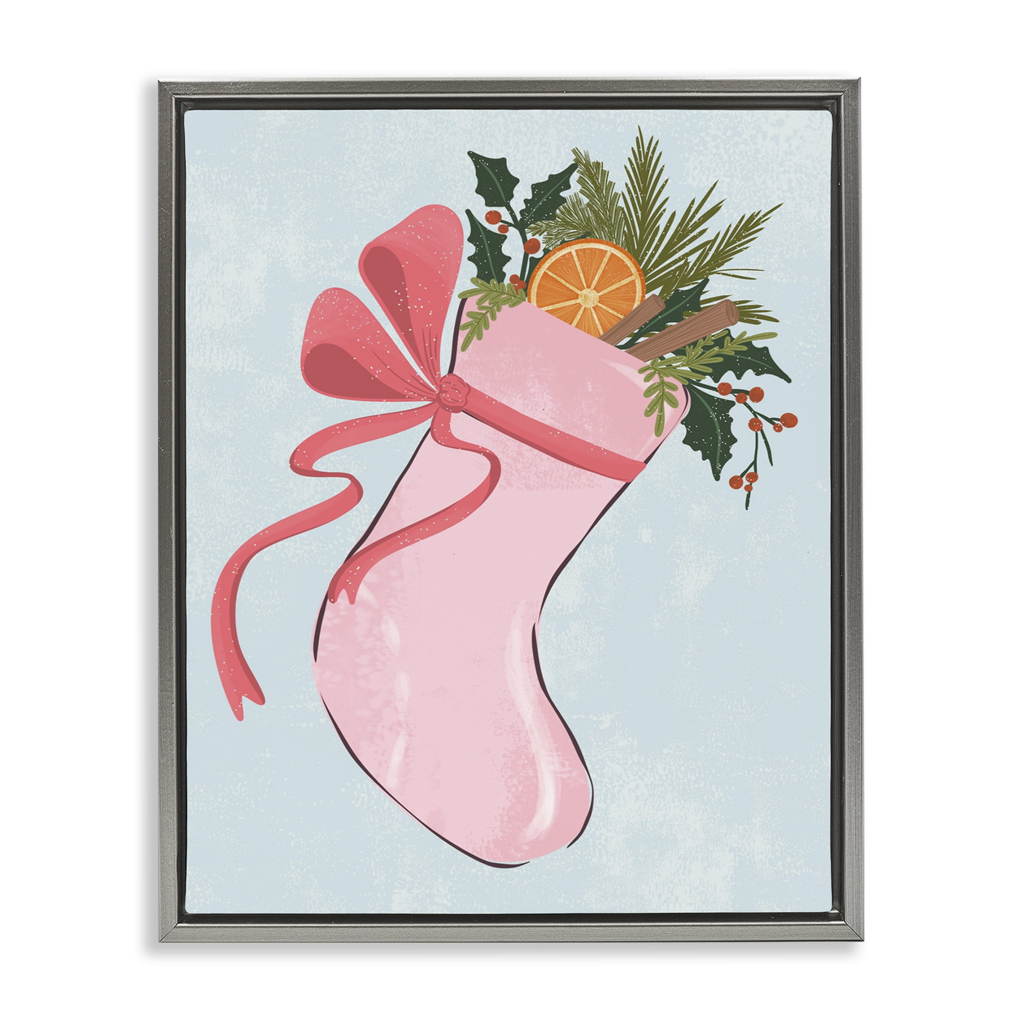 Stupell Industries Pink Filled Holiday Stocking Holiday Painting Gray Floater Framed Canvas Art Prints Wall Art, 17 x 21