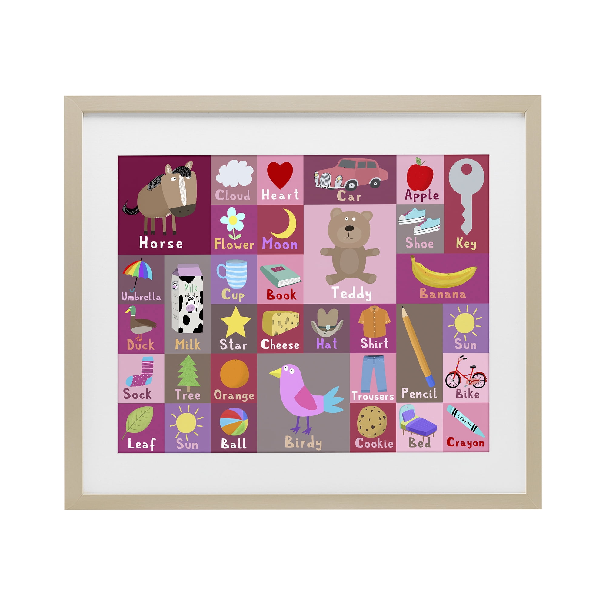 Stupell Industries Pink First Words Birch Framed Print Under Glass, design by Carla Daly