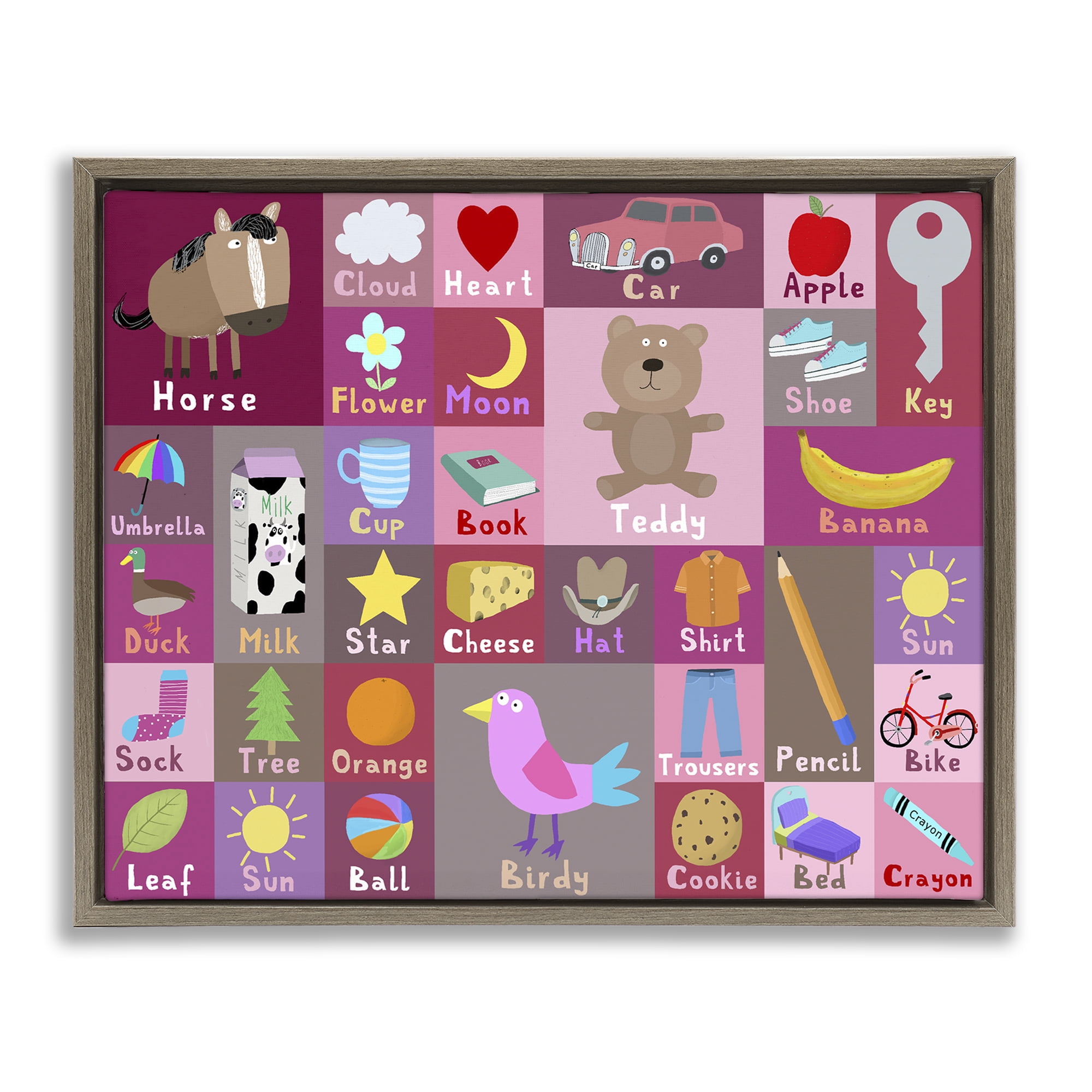 Stupell Industries Pink First Words Brown Framed Floater Canvas Wall Art, design by Carla Daly