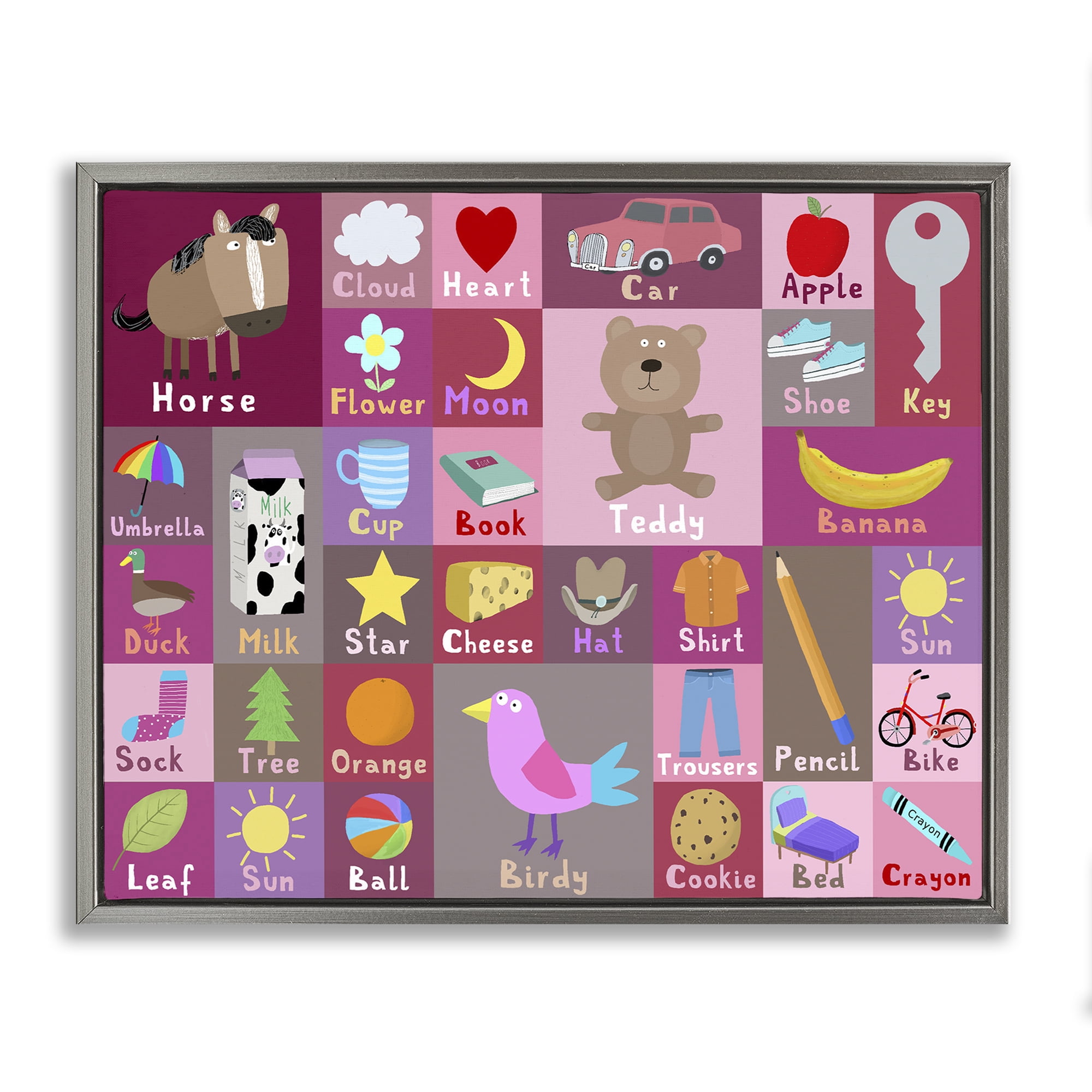 Stupell Industries Pink First Words Gray Framed Floater Canvas Wall Art, design by Carla Daly