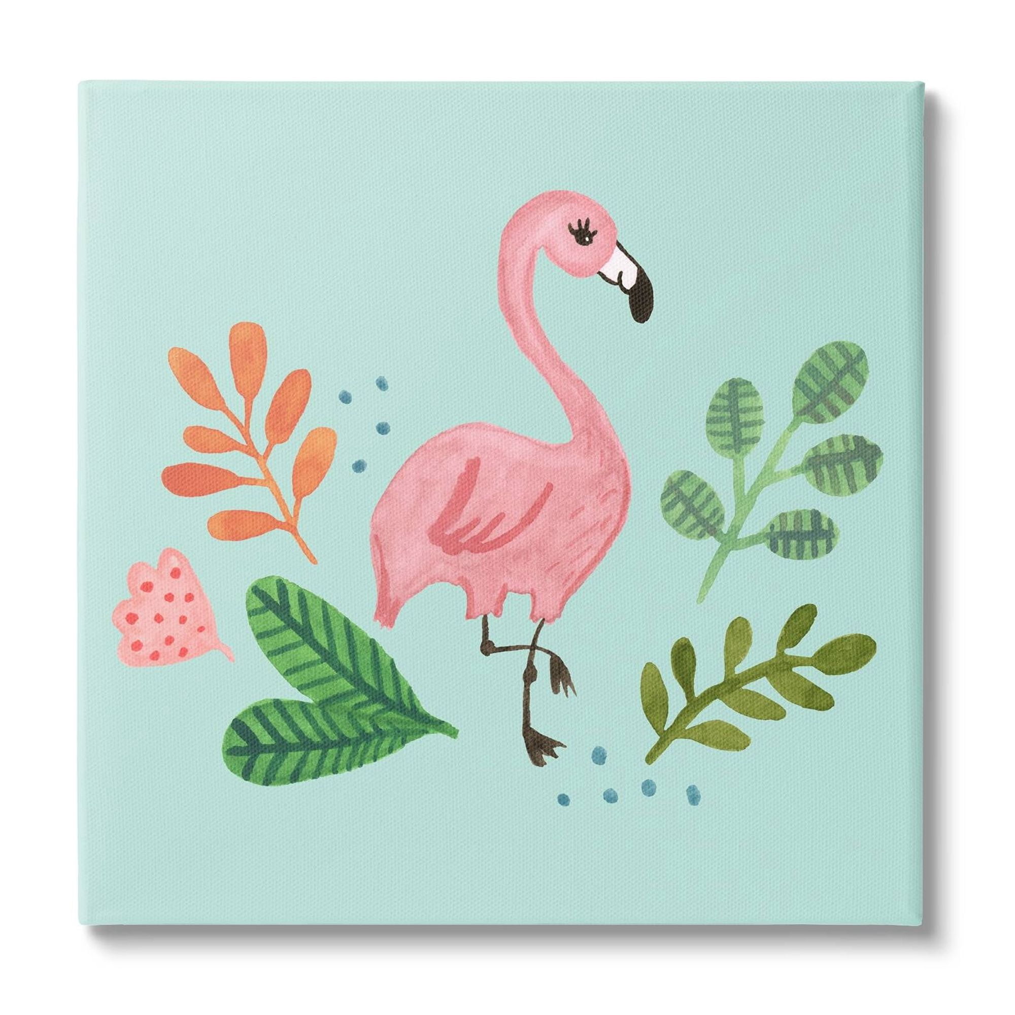 Stupell Industries Pink Flamingo Botanical Border Illustration Design Kids Painting Gallery-Wrapped Canvas Print Wall Art, 30 x 30, Design by Heather Strianese