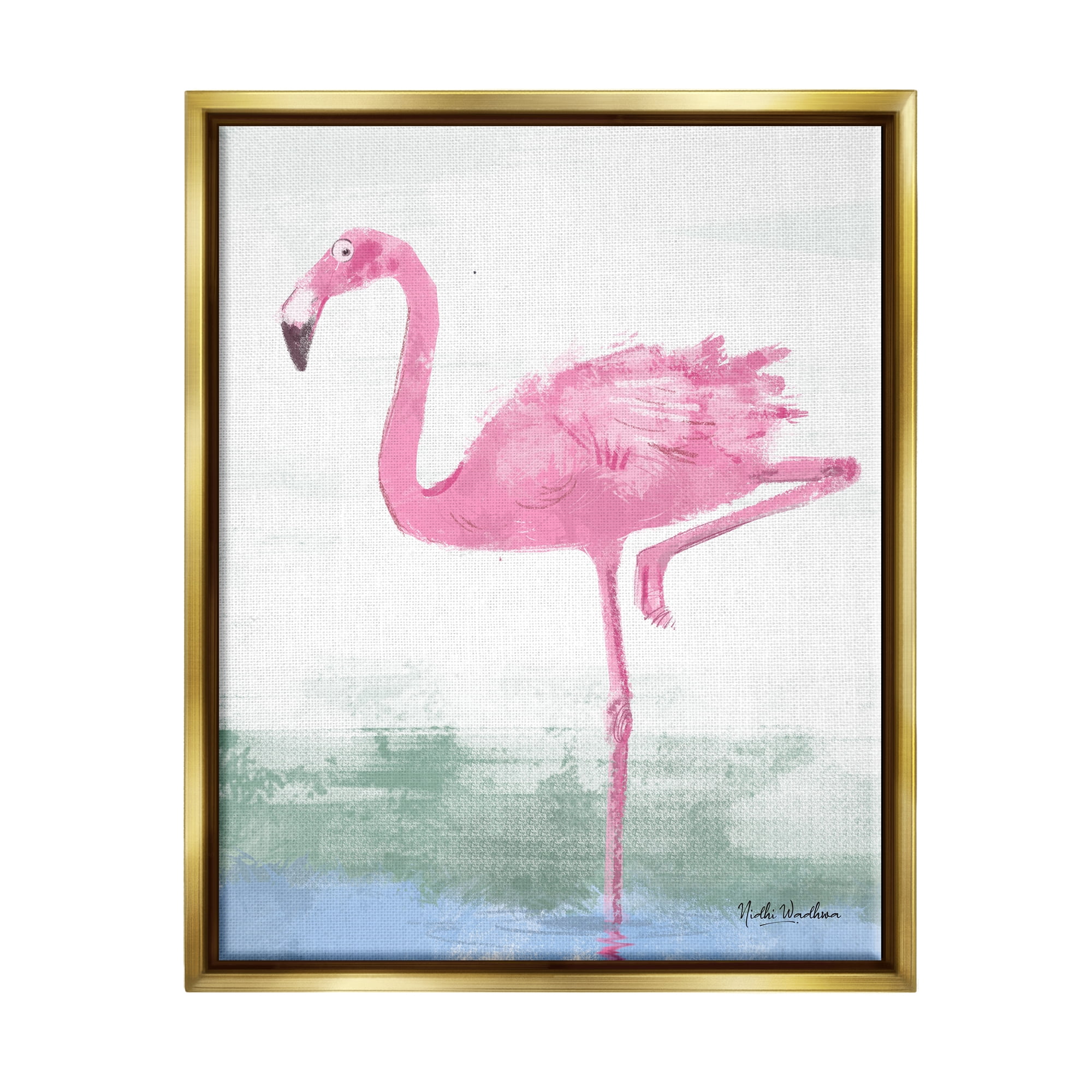 Stupell Industries Pink Flamingo Painting Animals & Insects Painting Gold Floater Framed Art Print Wall Art, 17 x 21