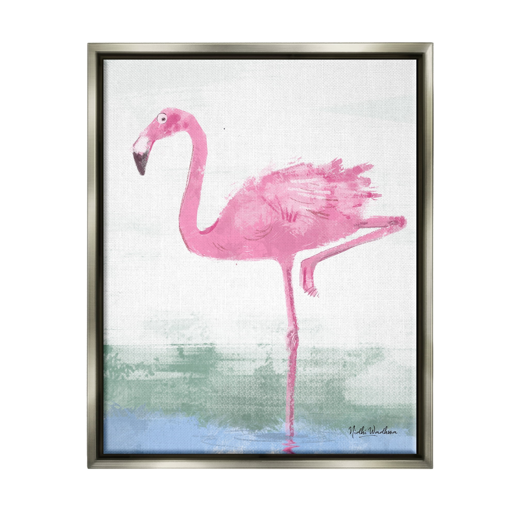 Stupell Industries Pink Flamingo Painting Animals & Insects Painting Gray Floater Framed Art Print Wall Art, 17 x 21