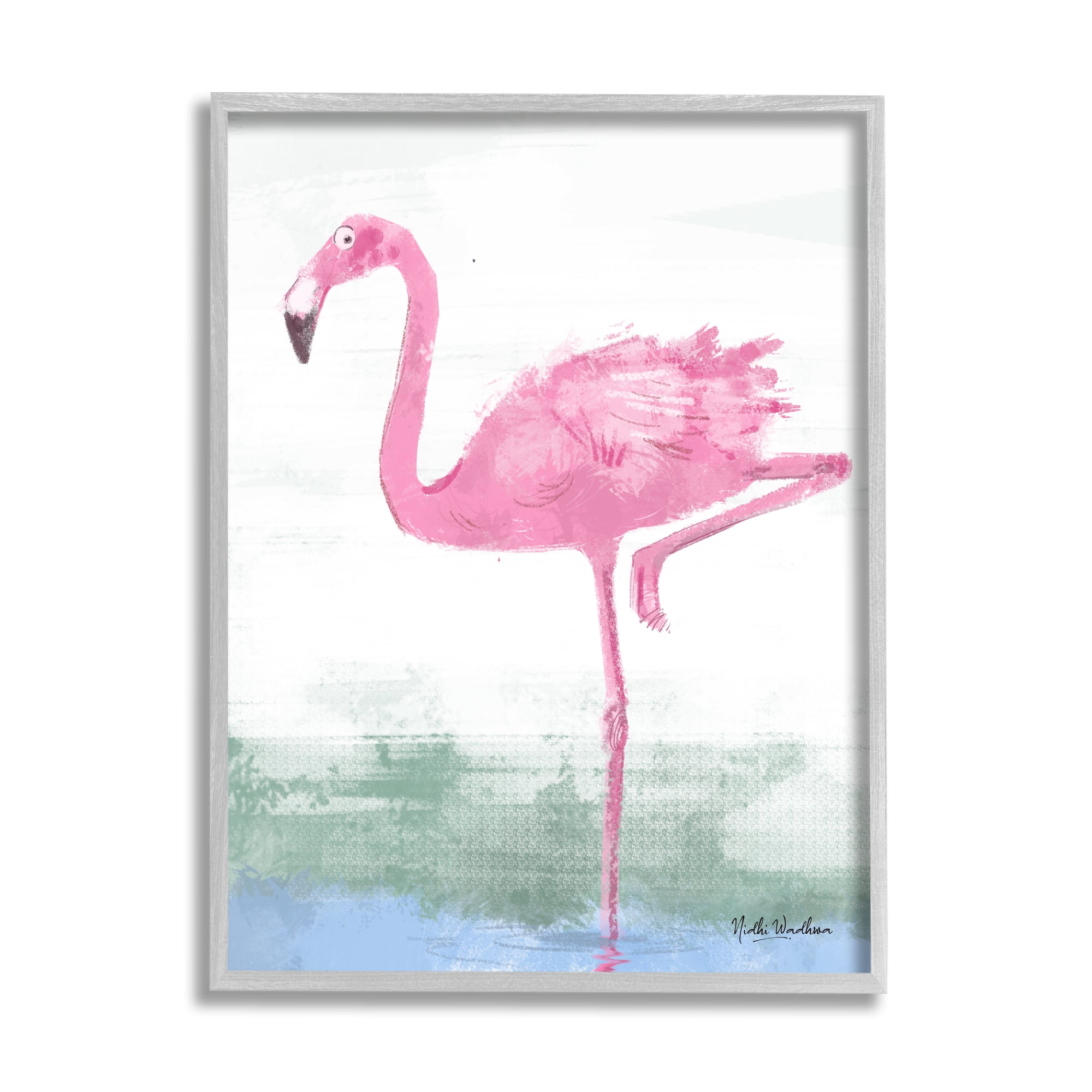 Stupell Industries Pink Flamingo Painting Animals & Insects Painting Gray Framed Art Print Wall Art, 11 x 14