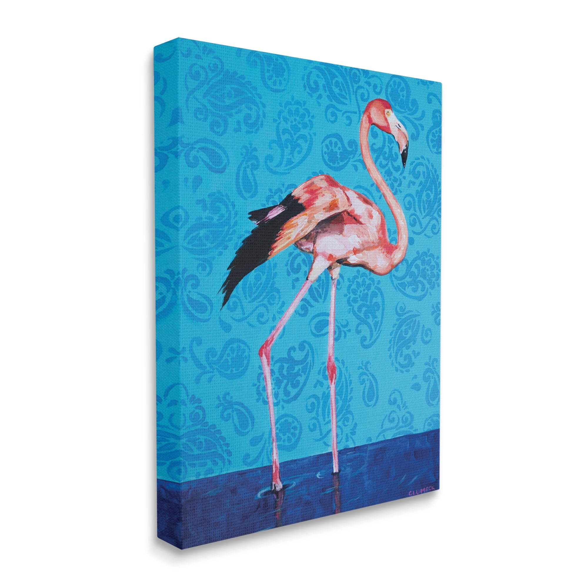 Stupell Industries Pink Flamingo in Water over Blue Paisley Pattern,36 x 48,Designed by Alana Clumeck