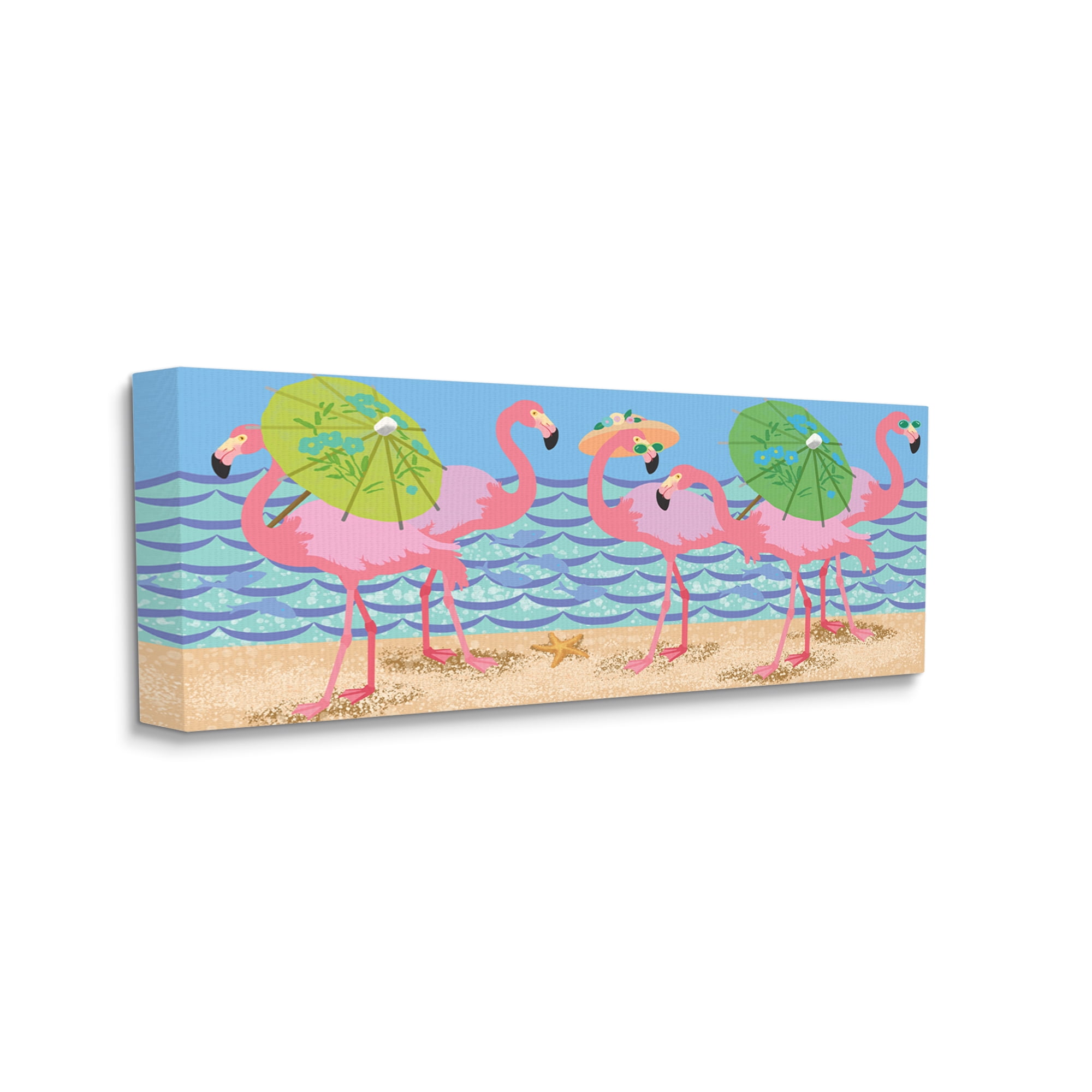 Stupell Industries Pink Flamingos with Floral Umbrellas Beach Waves Global Painting Gallery-Wrapped Canvas Print Wall Art, 10 x 24, Design by Sally Springer Griffith