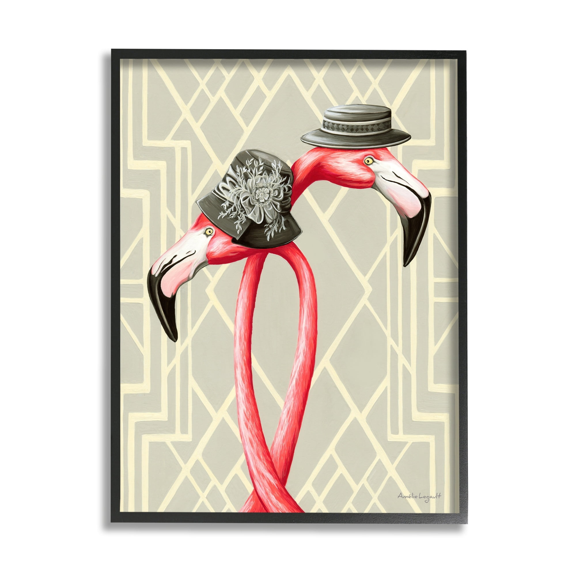 Stupell Industries Pink Flamingos Intertwining Vintage Hats Shapes Design Graphic Art Black Framed Art Print Wall Art, Design by Amelie Legault