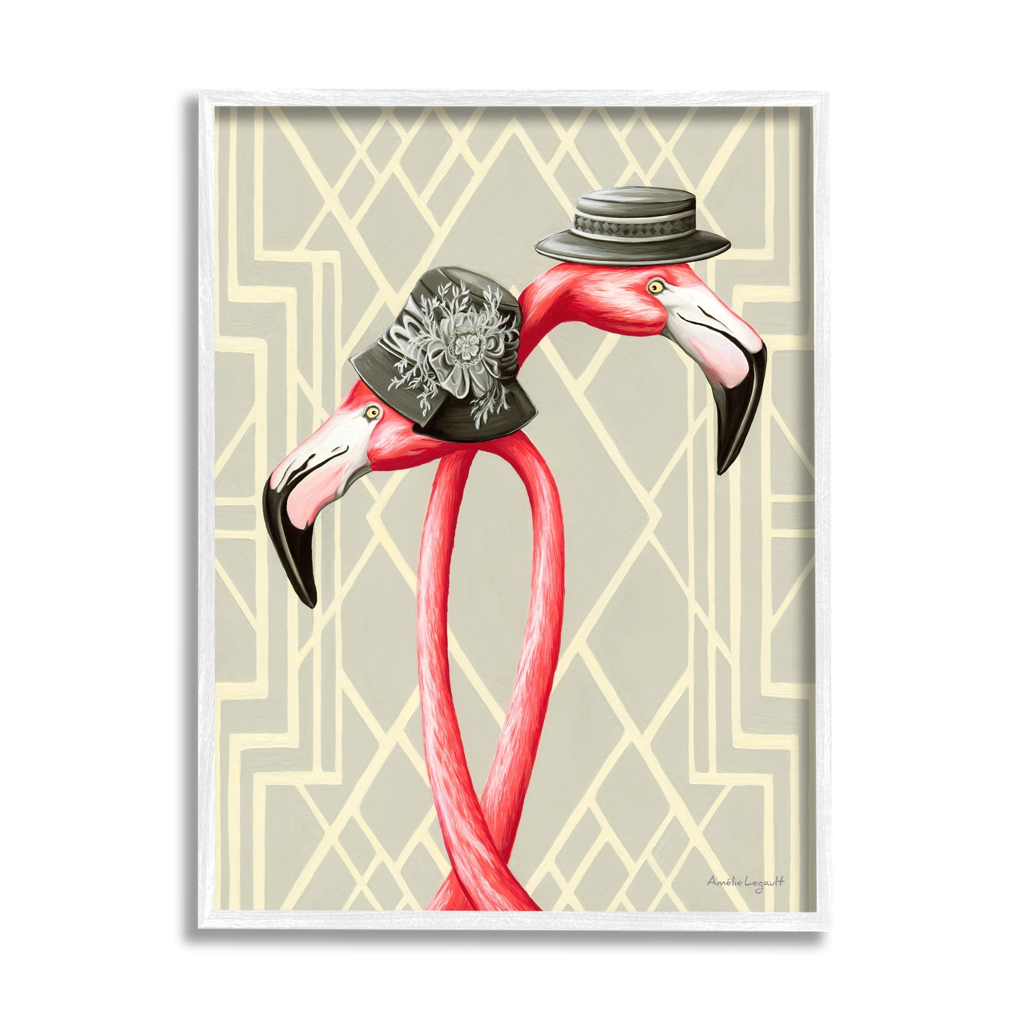 Stupell Industries Pink Flamingos Intertwining Vintage Hats Shapes Design Graphic Art White Framed Art Print Wall Art, Design by Amelie Legault