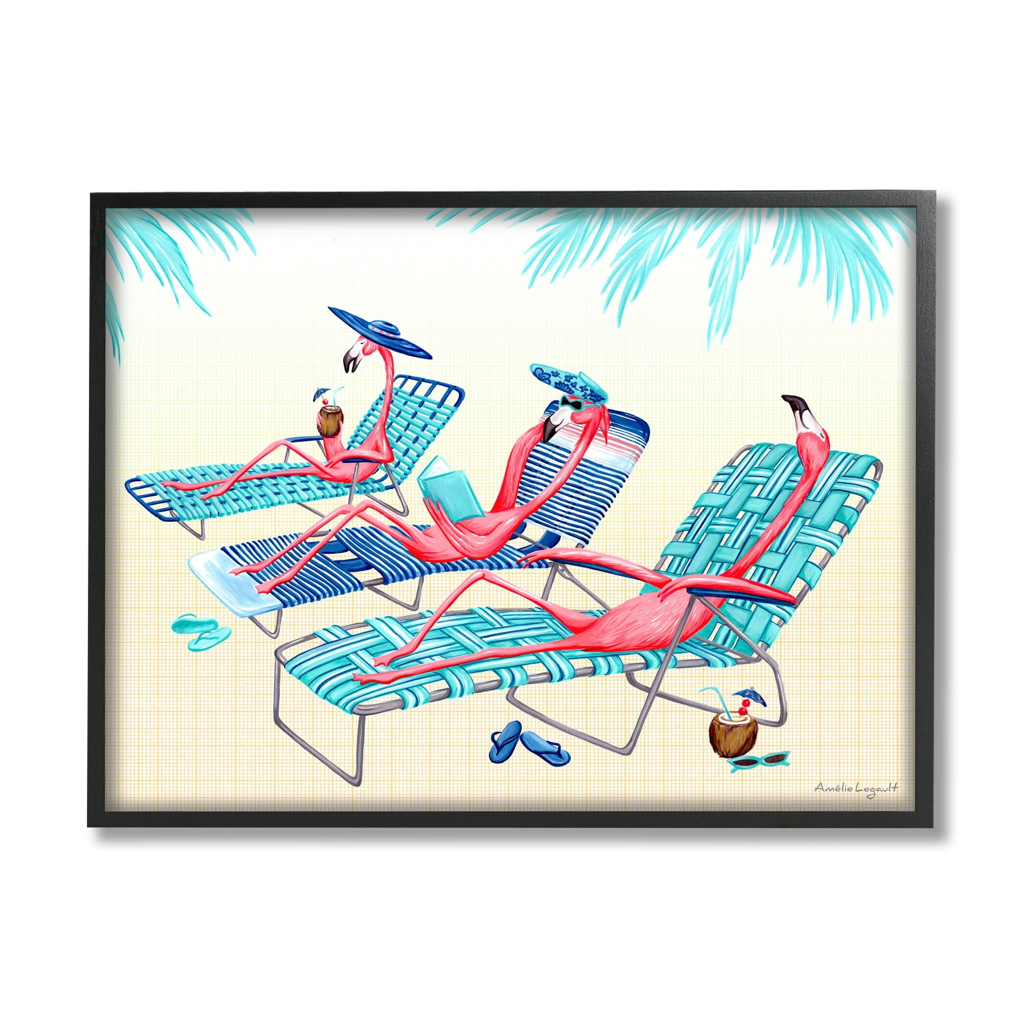 Pink Flamingos Lounging Tropical Scene Canvas Print with Black Frame