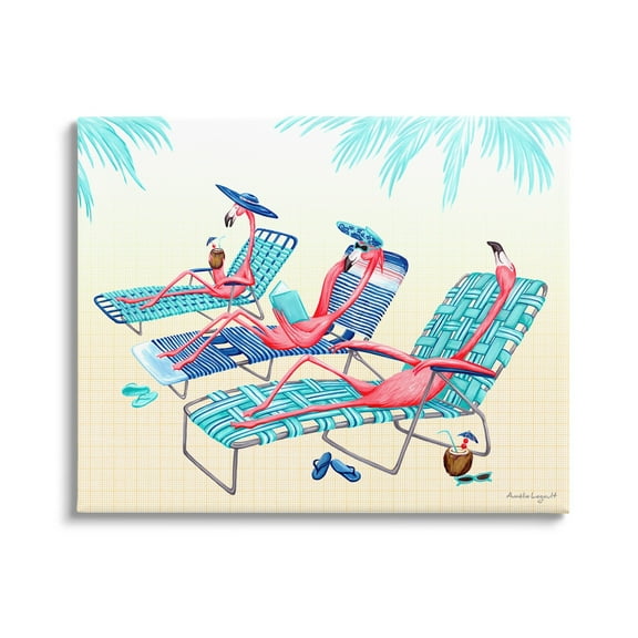 Stupell Industries Pink Flamingos Lounging Beach Chairs Tropical Scene Graphic Art Gallery Wrapped Canvas Print Wall Art, Design by Amelie Legault