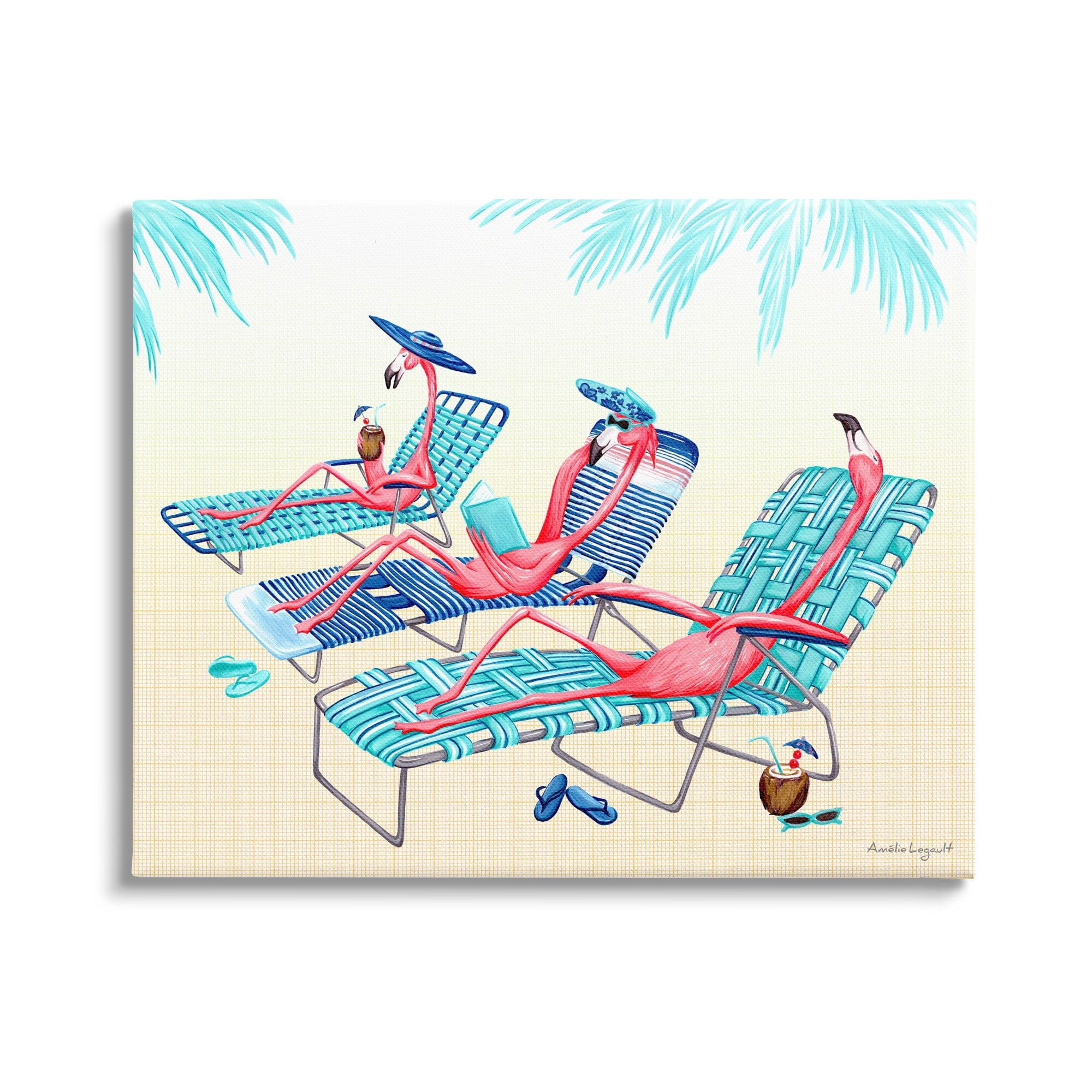Stupell Industries Pink Flamingos Lounging Beach Chairs Tropical Scene Graphic Art Gallery Wrapped Canvas Print Wall Art, Design by Amelie Legault