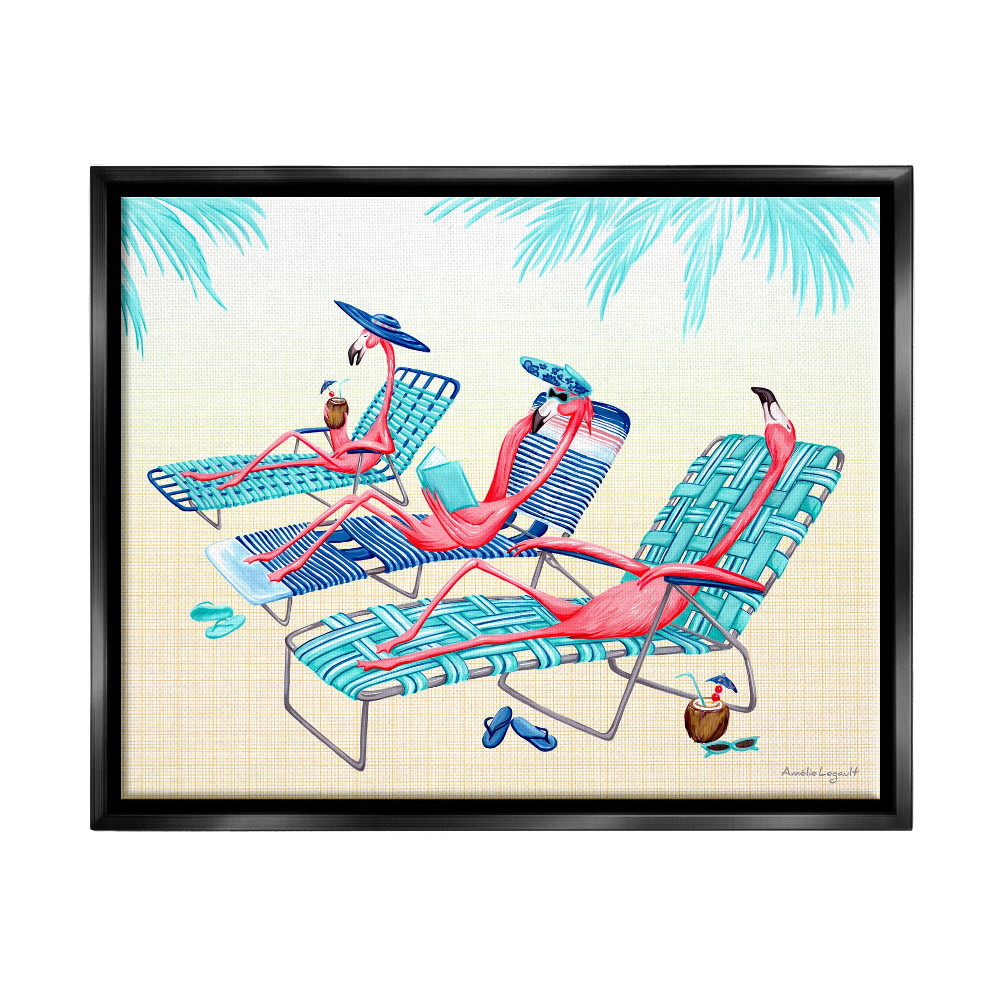 Stupell Industries Pink Flamingos Lounging Beach Chairs Tropical Scene Graphic Art Jet Black Floating Framed Canvas Print Wall Art, Design by Amelie Legault