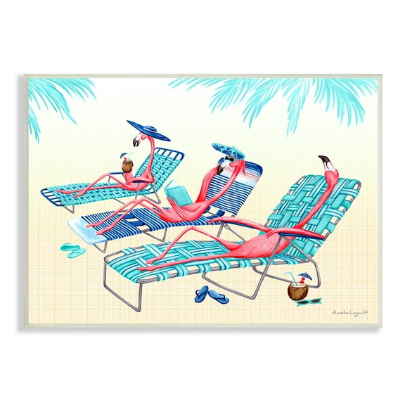Stupell Industries Pink Flamingos Lounging Beach Chairs Tropical Scene Graphic Art Unframed Art Print Wall Art, Design by Amelie Legault