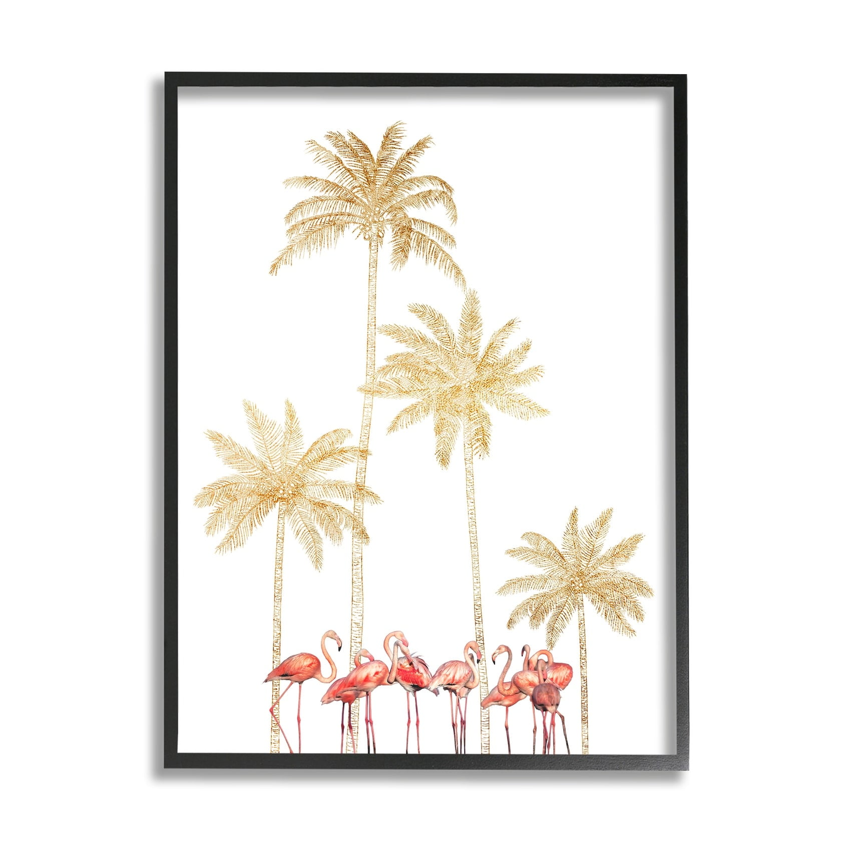 Stupell Industries Pink Flamingos Tropical Gold Outline Palm Trees Black Framed, 11 x 14, Design by Ziwei Li